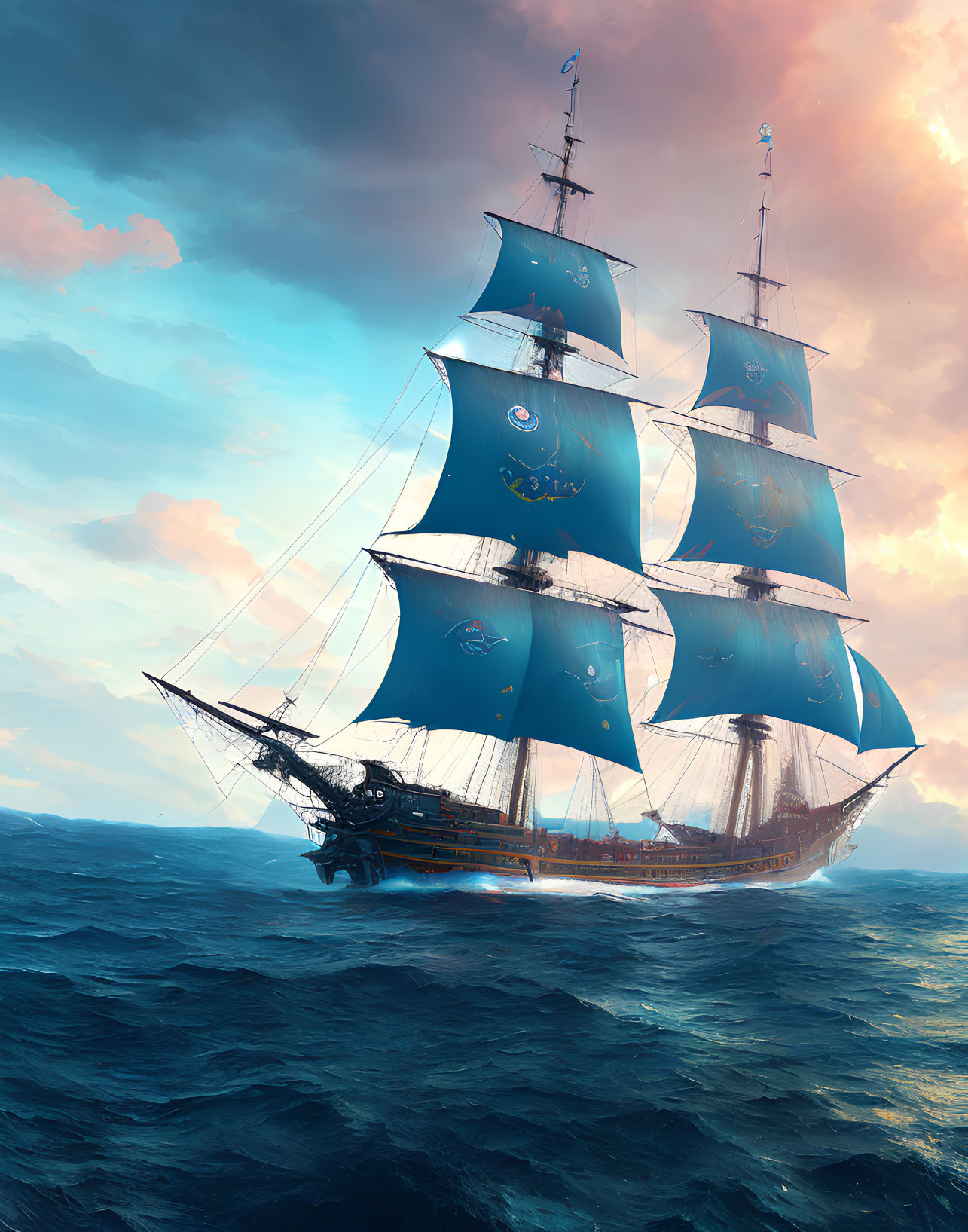 Large sailing ship with blue crested sails on open sea under dramatic sky