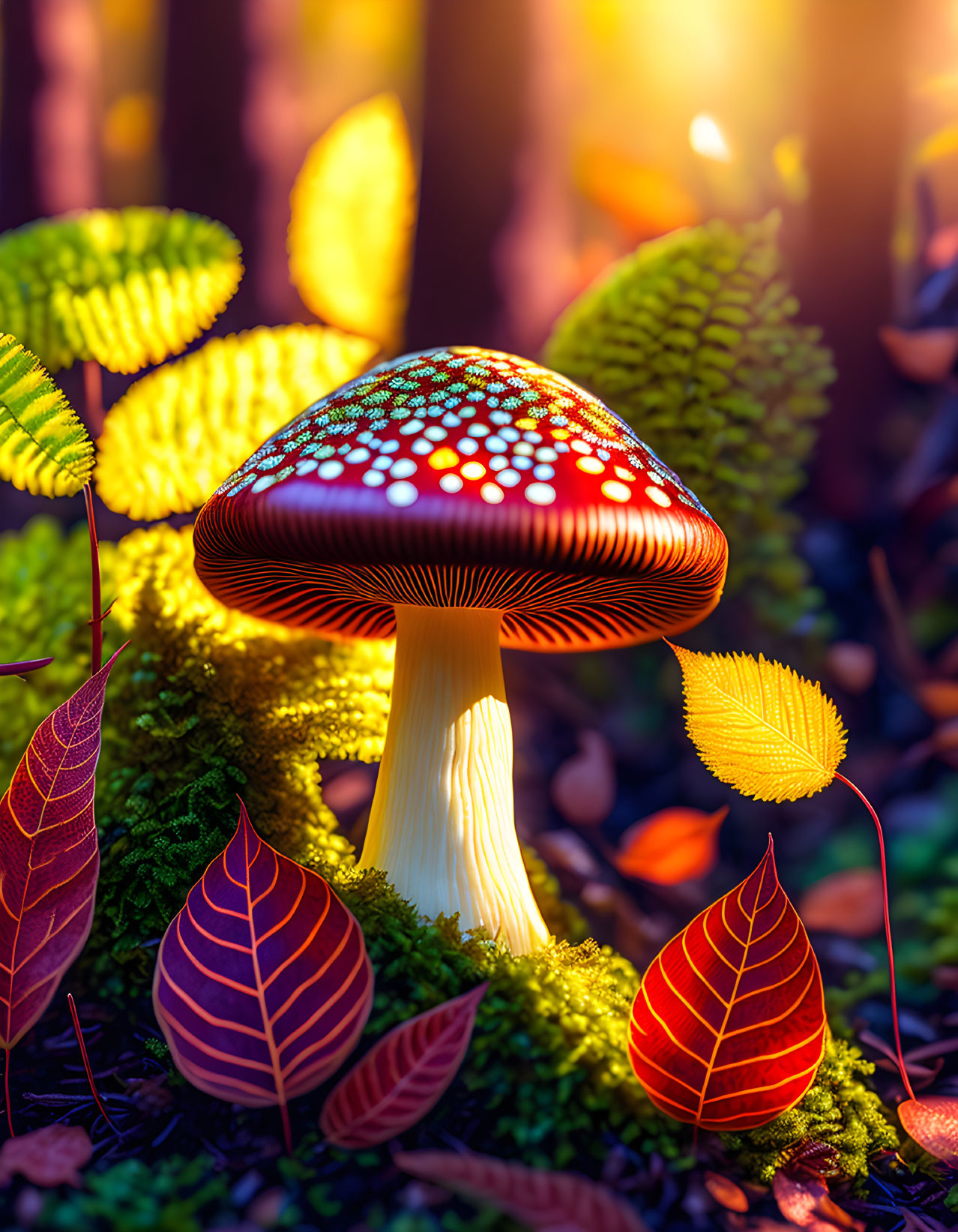 Colorful red mushroom with white spots in autumn forest landscape