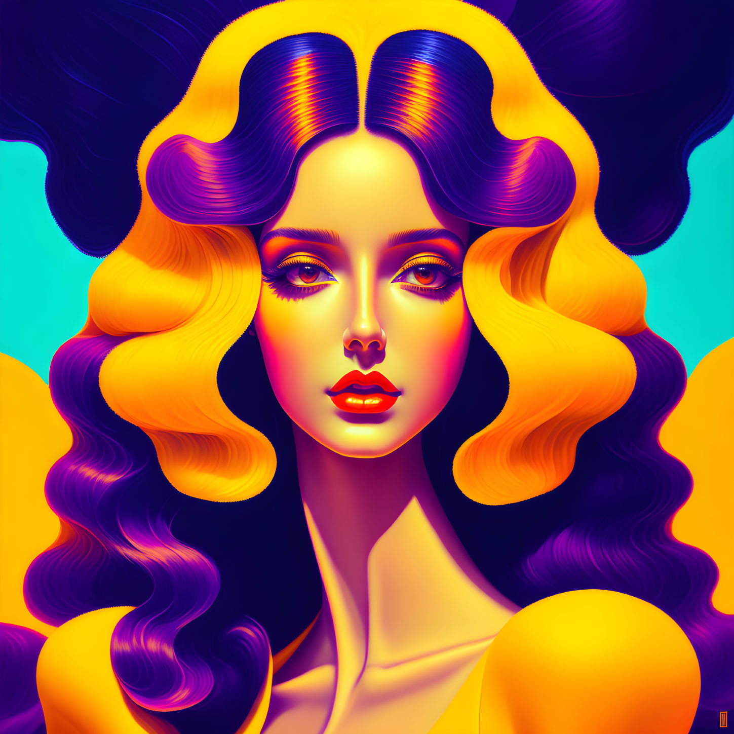 Colorful digital portrait: Woman with yellow and purple hair, bold makeup, on blue and orange backdrop