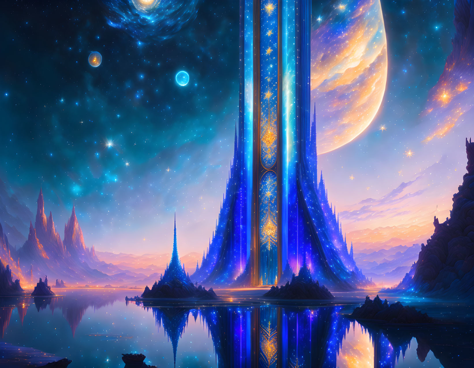 Surreal vibrant landscape with towering spires and celestial sky