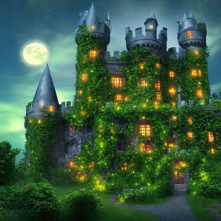 Mystical Castle Covered in Ivy Under Full Moon