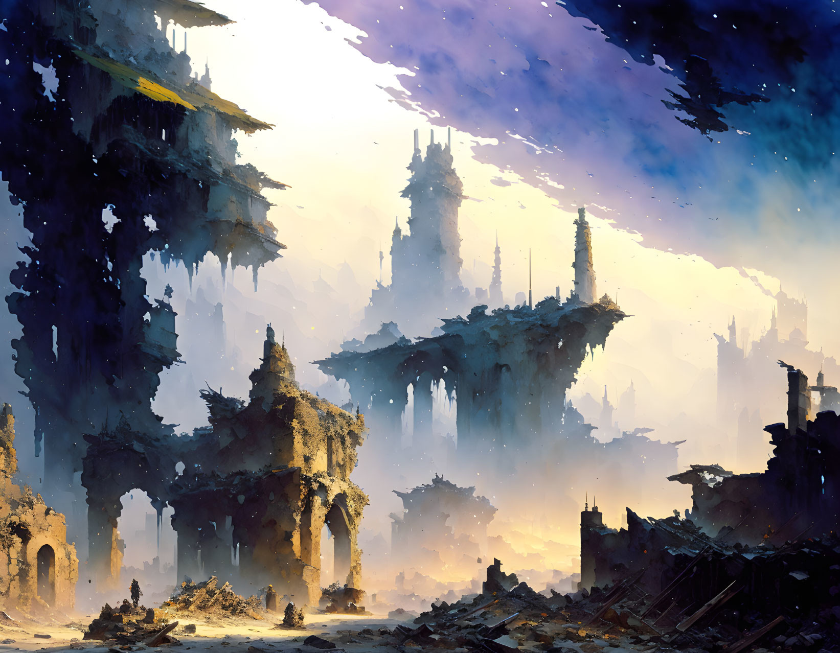 Dystopian cityscape in ruins with towering spires and hazy light