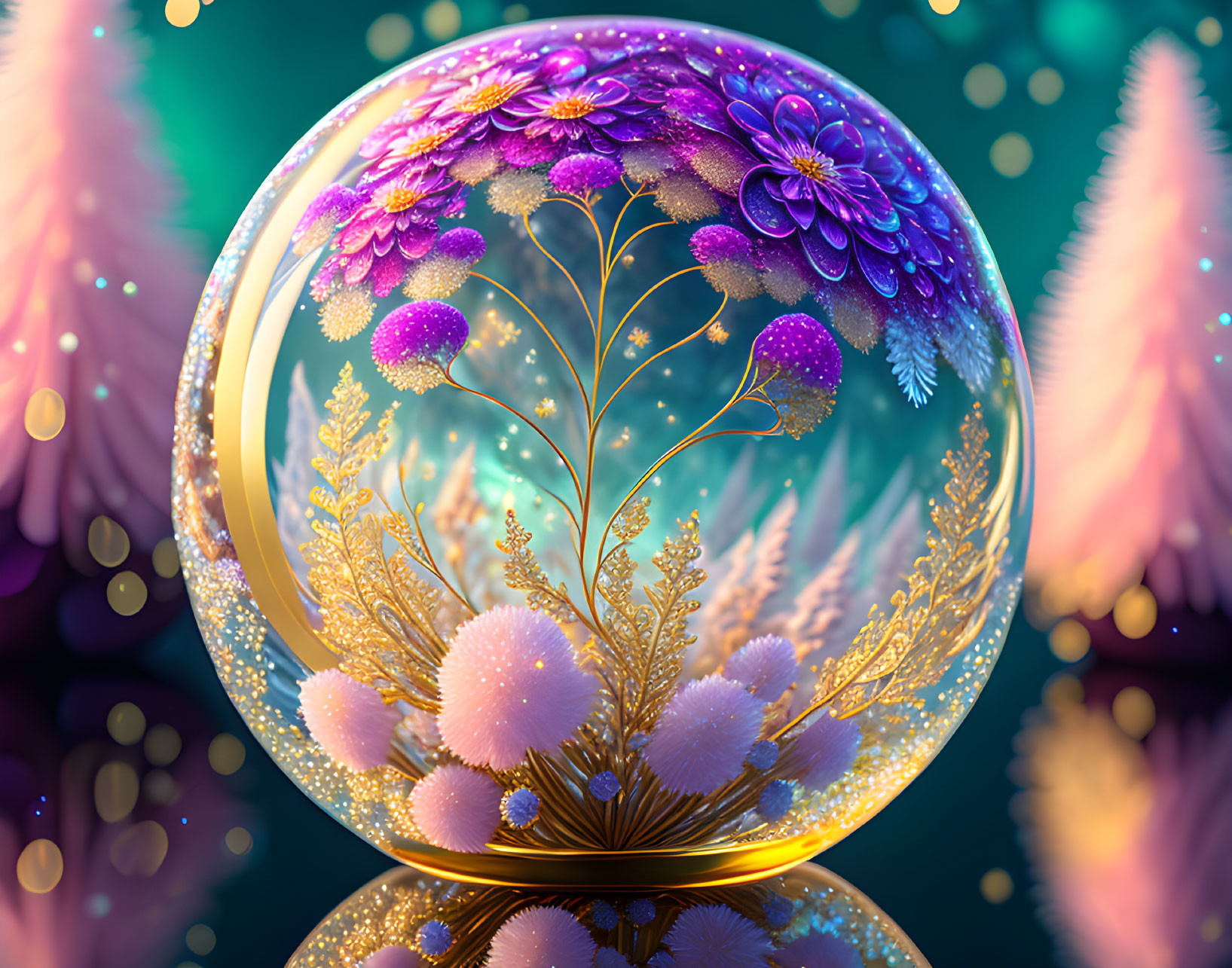 Colorful Crystal Ball with Golden Floral Arrangement and Purple Flowers on Teal Background