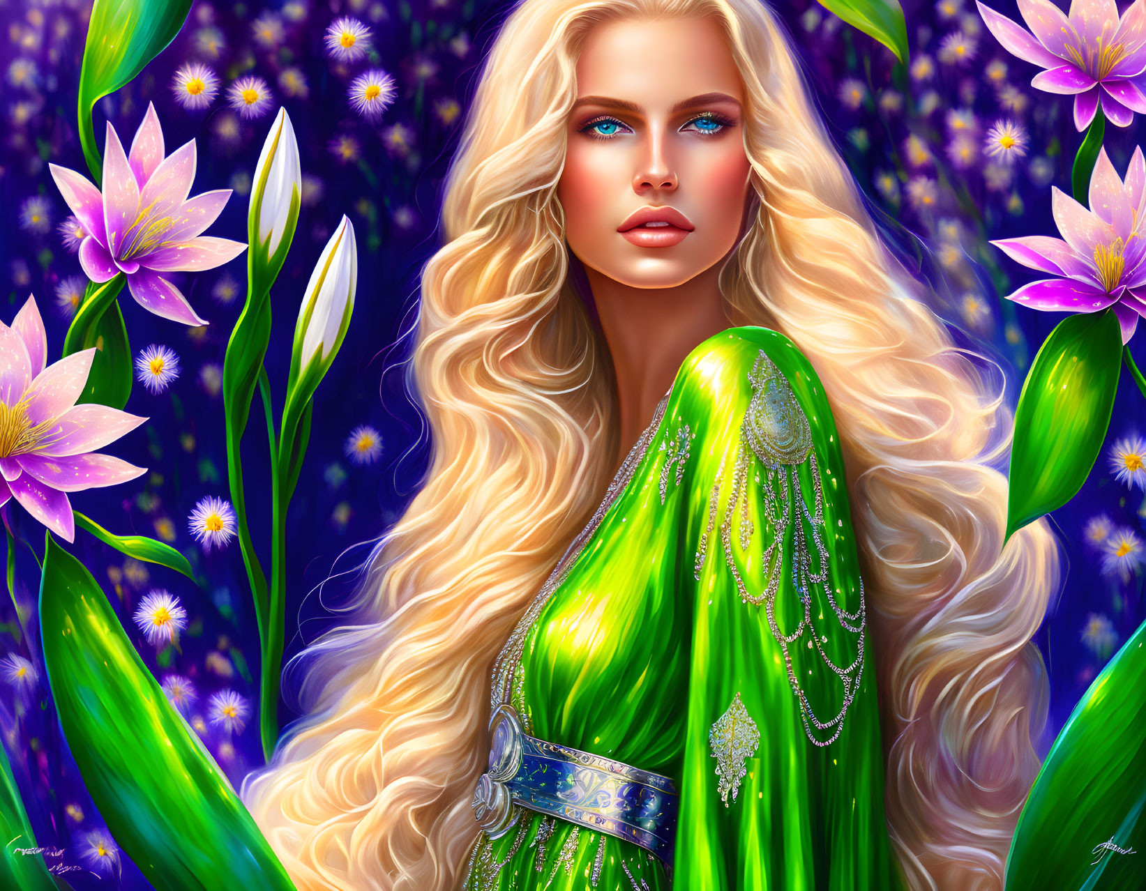 Digital art portrait: Woman with blonde hair, blue eyes, green outfit, surrounded by flowers.