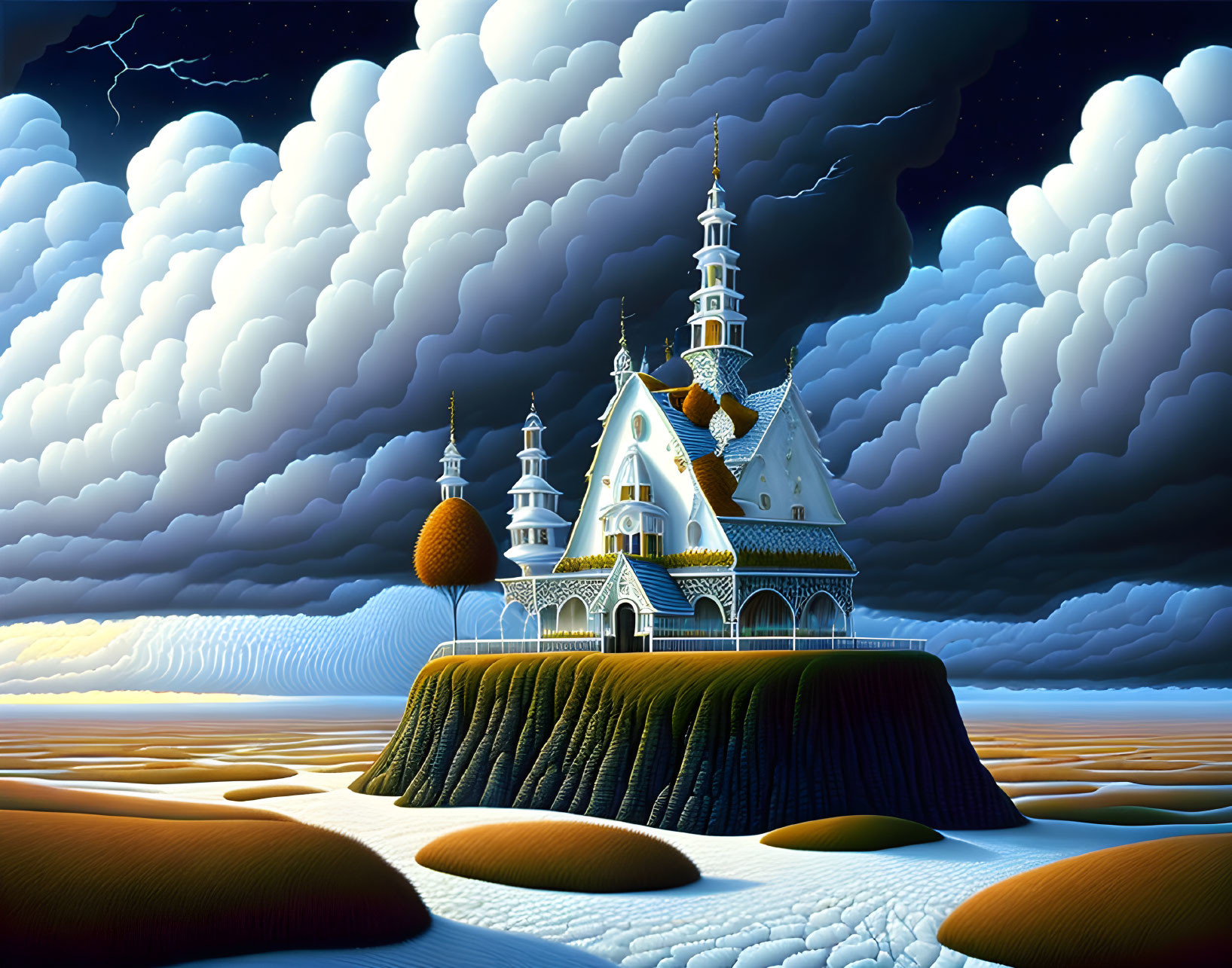 Digital Art: Fairytale Castle on Hill with Sand Dunes and Stormy Sky