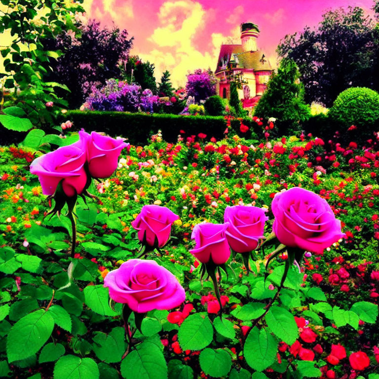 Lush Garden Scene with Pink Roses and Whimsical Pink House