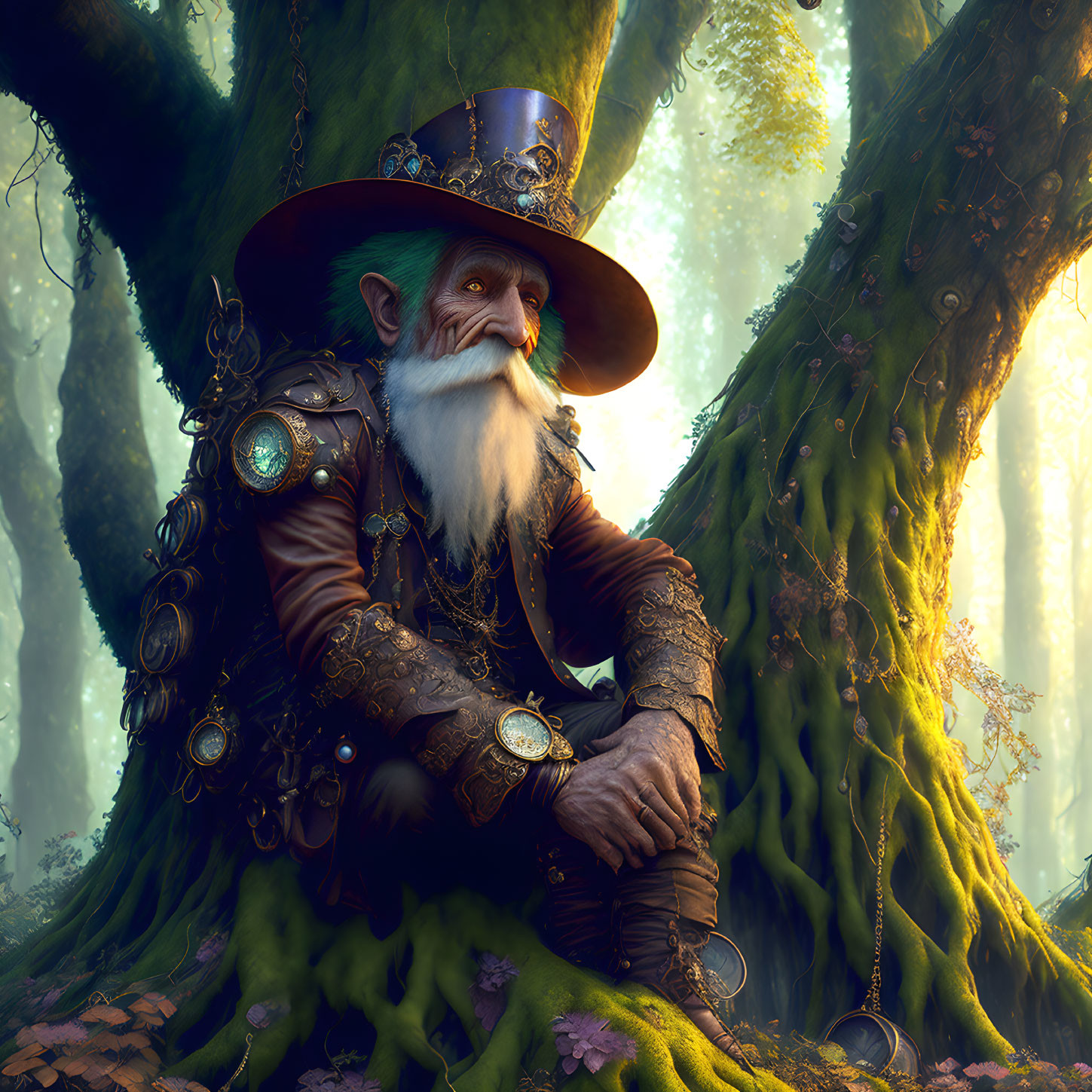 Elderly Fantasy Character in Clockwork Armor by Enchanted Forest Tree