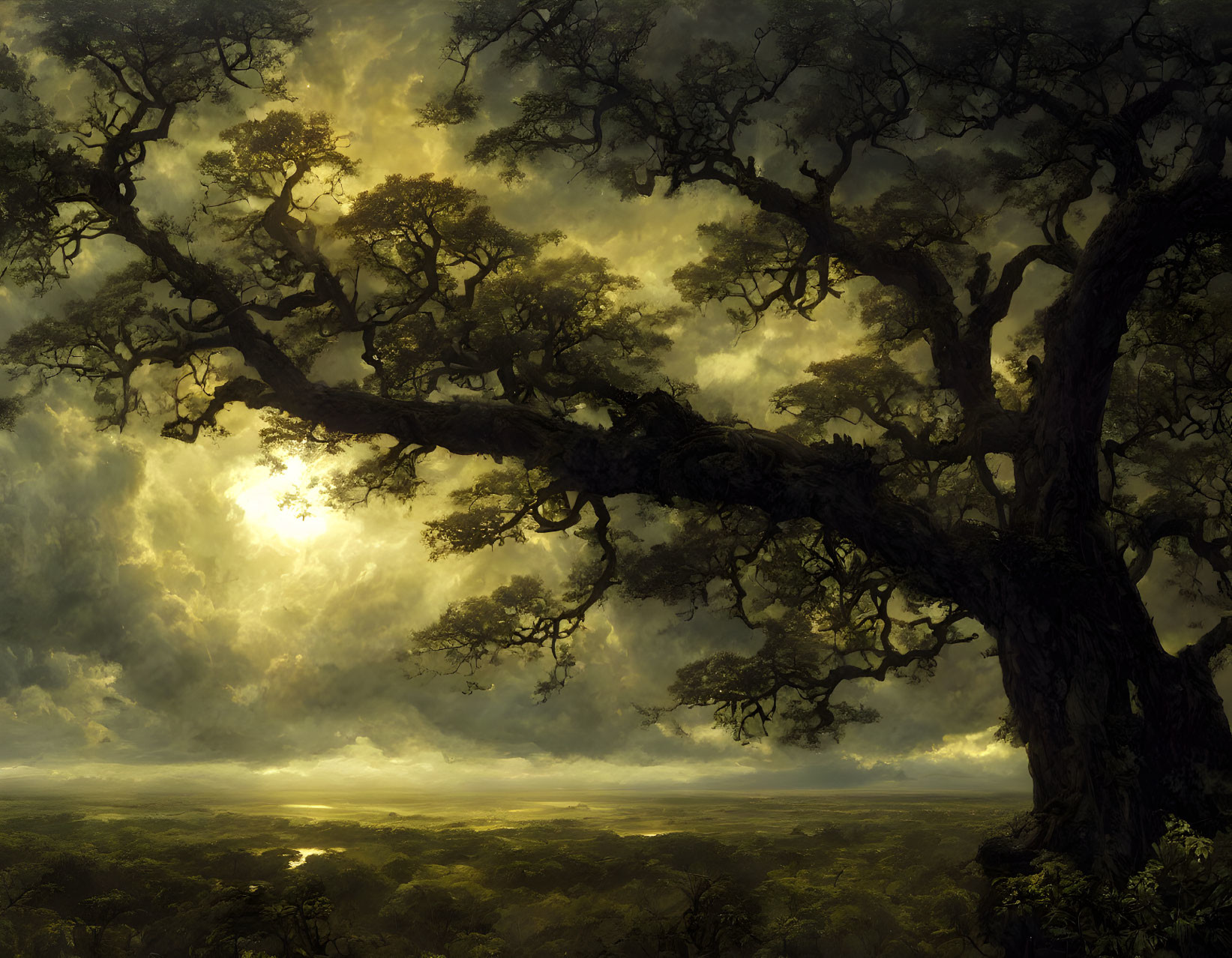 Majestic tree in ethereal landscape with luminescent sky