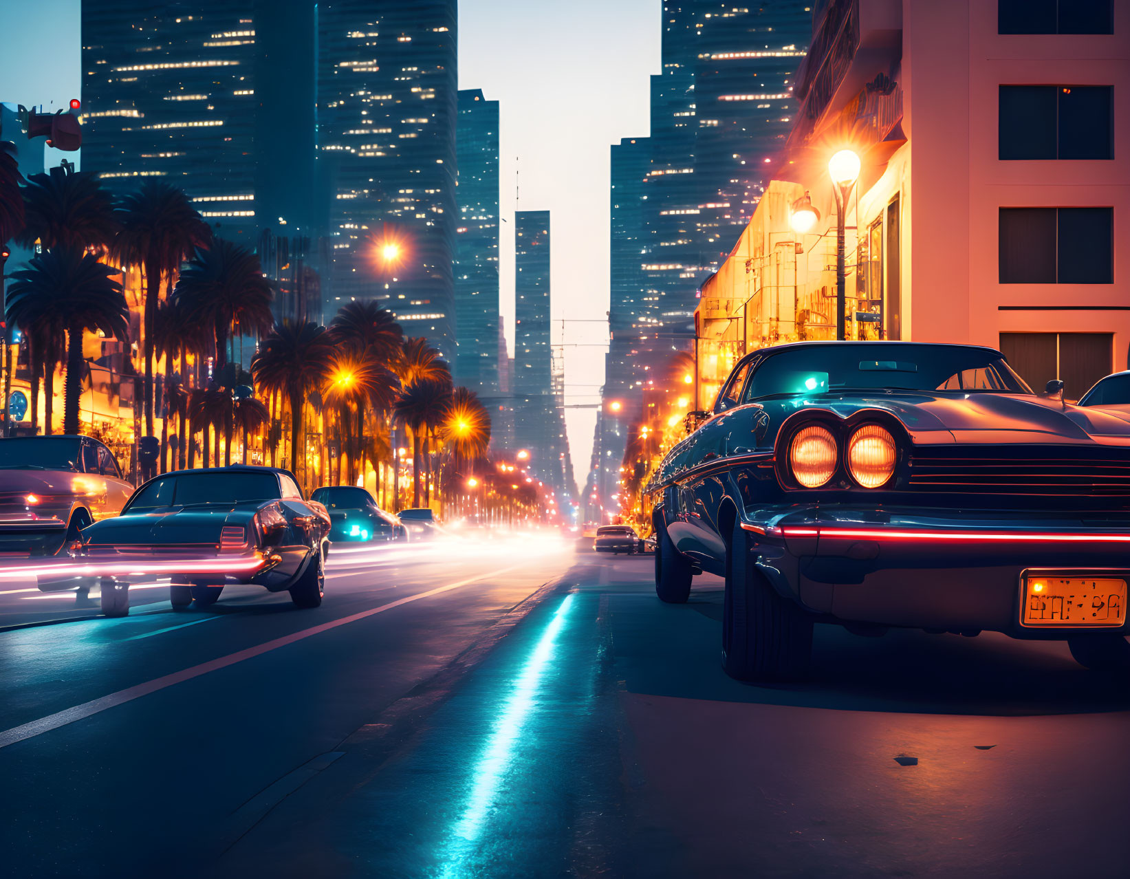 Glowing city street at night with palm trees and classic car.