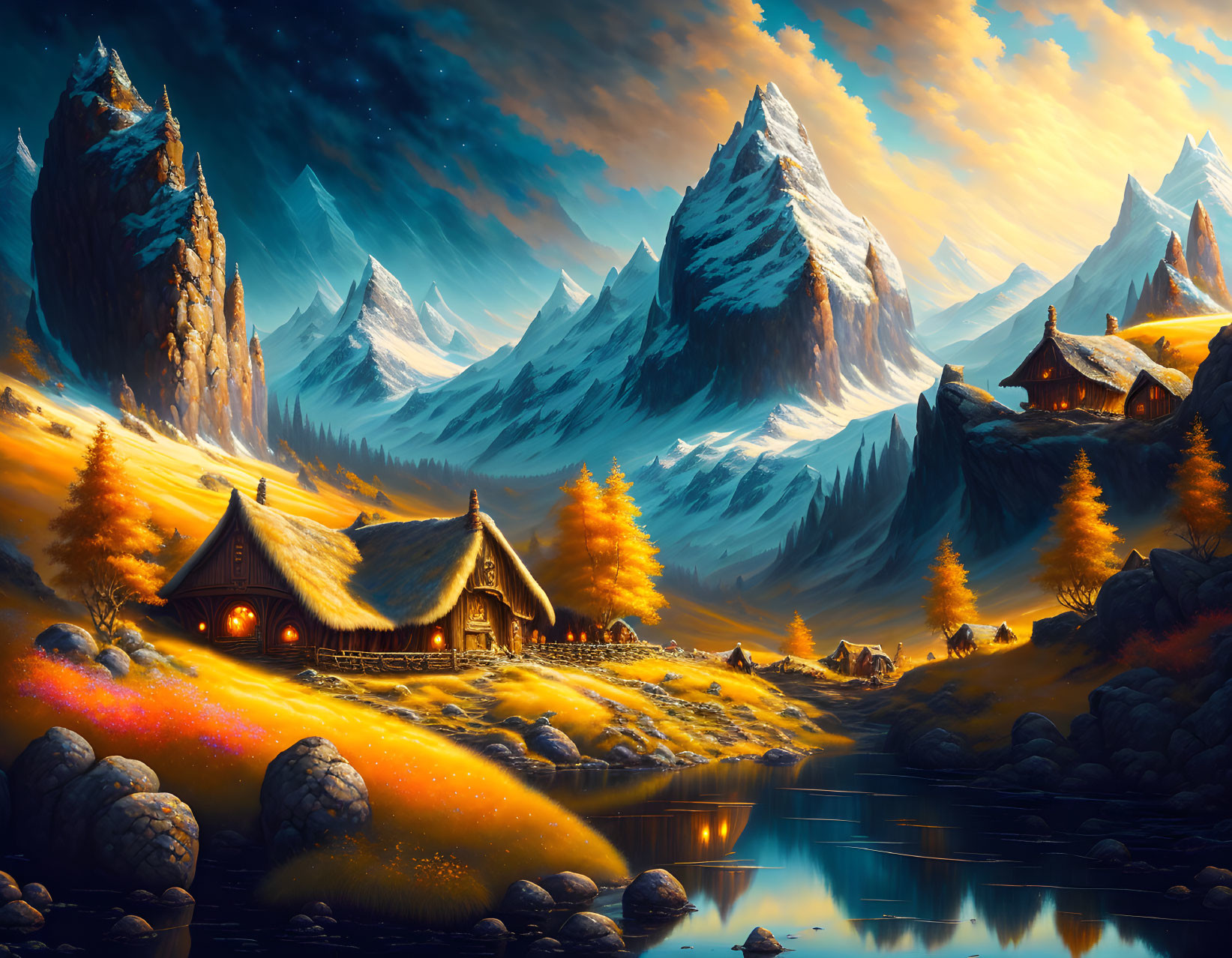 Snow-capped mountains, cozy cottage, autumn trees, and clear night sky landscape.