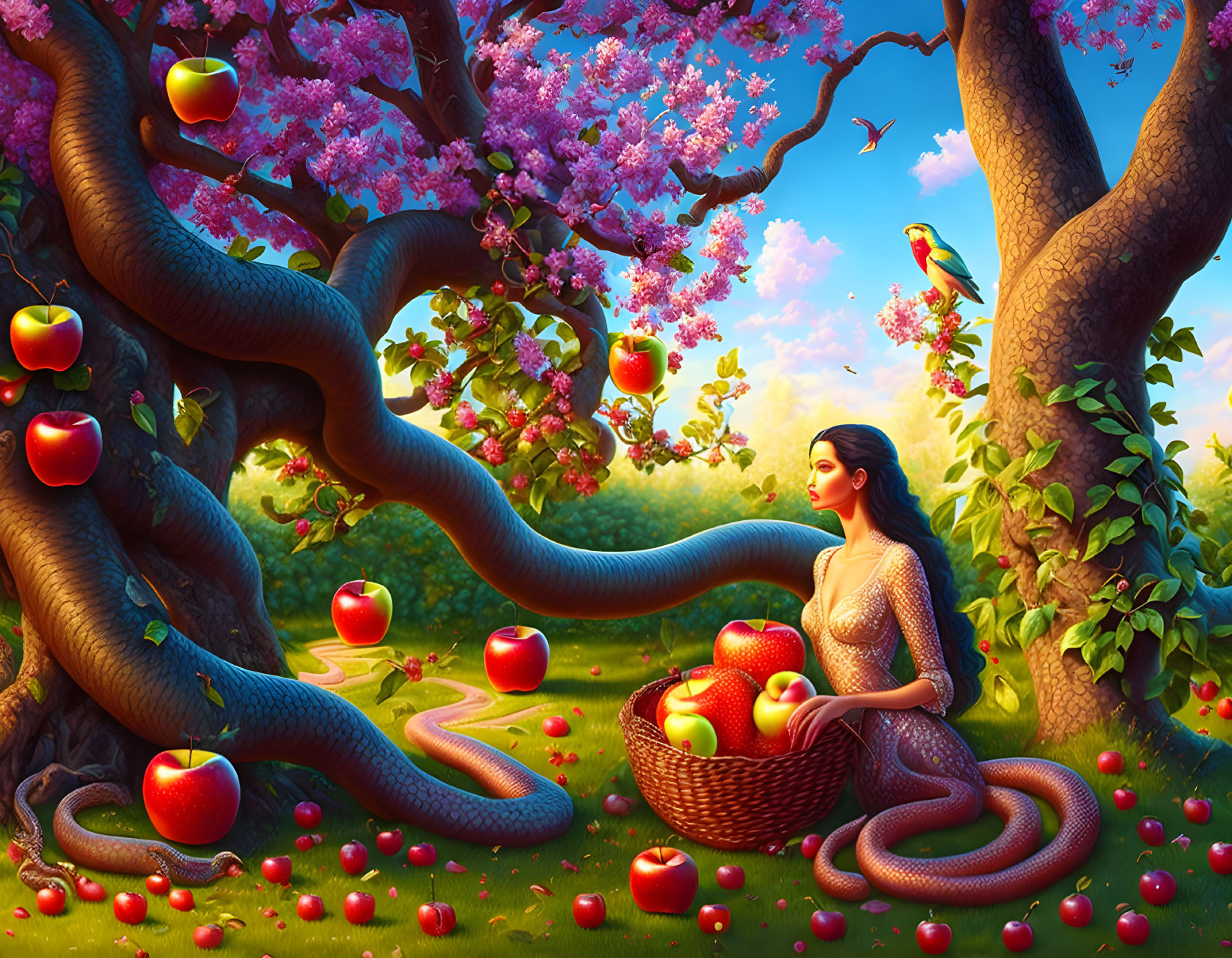 Illustration of woman under blossoming tree with basket of apples