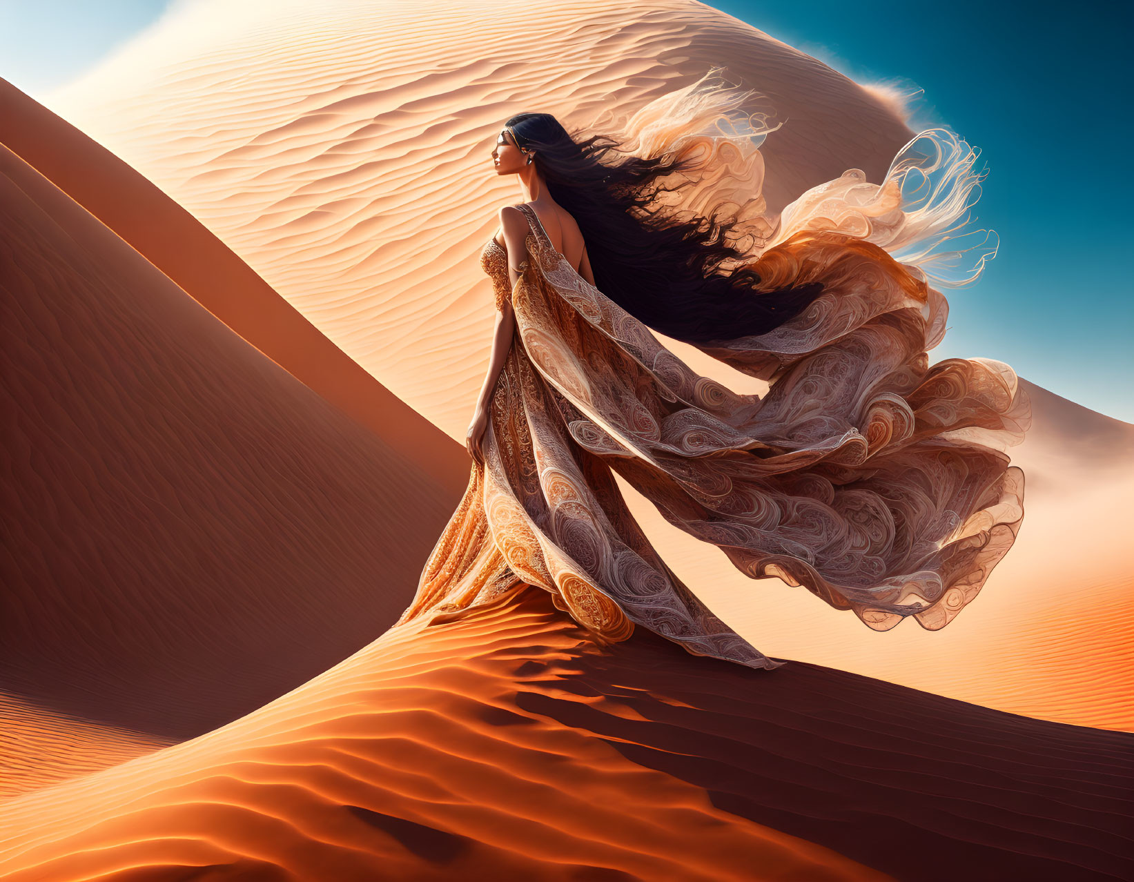 Person in flowy dress on sand dune with billowing hair and dress