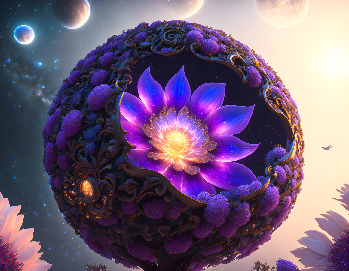 Fantasy digital artwork: Luminescent purple flower on ornate spherical structure under multiple moons.