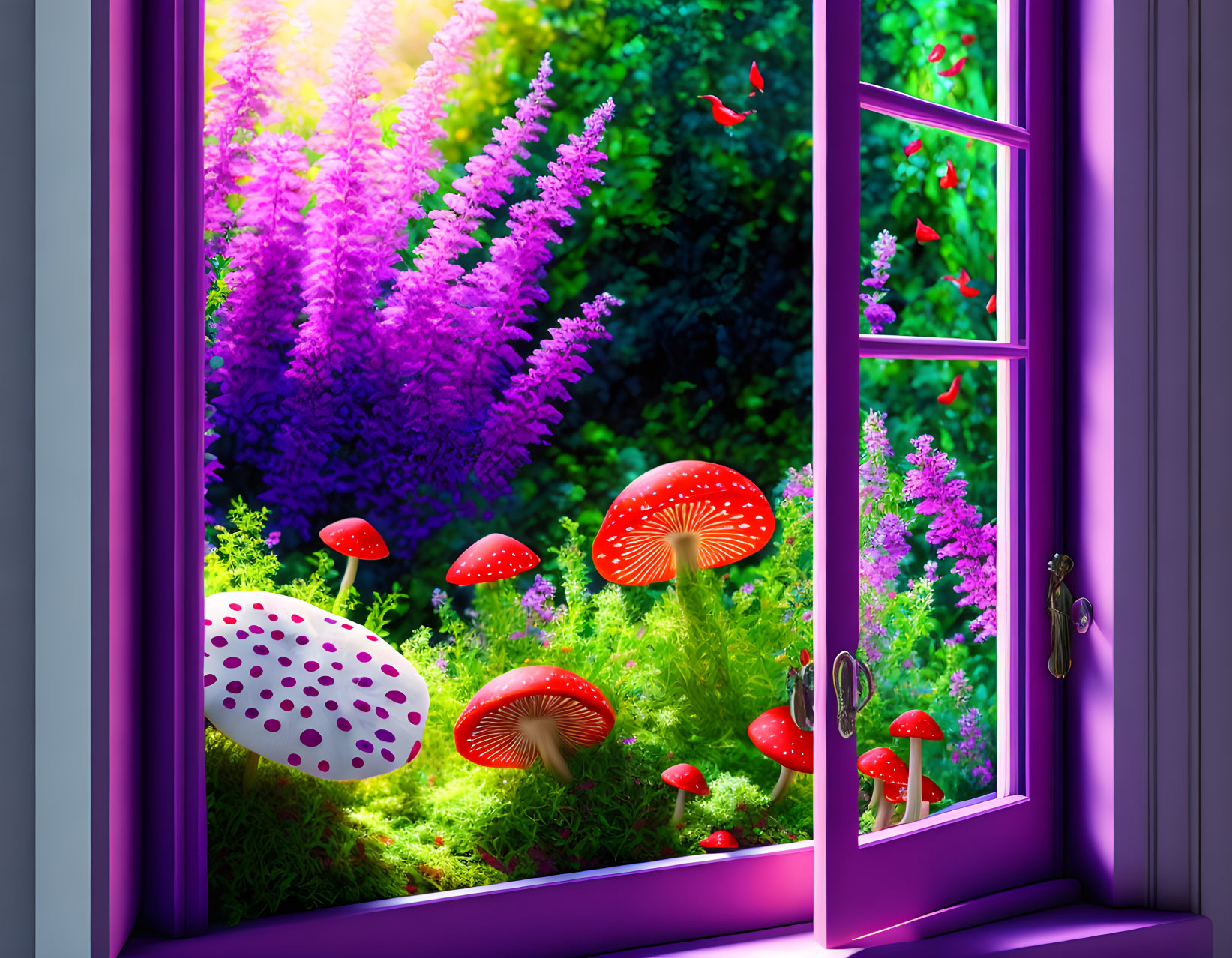 Fantasy garden with oversized mushrooms and luminous flowers