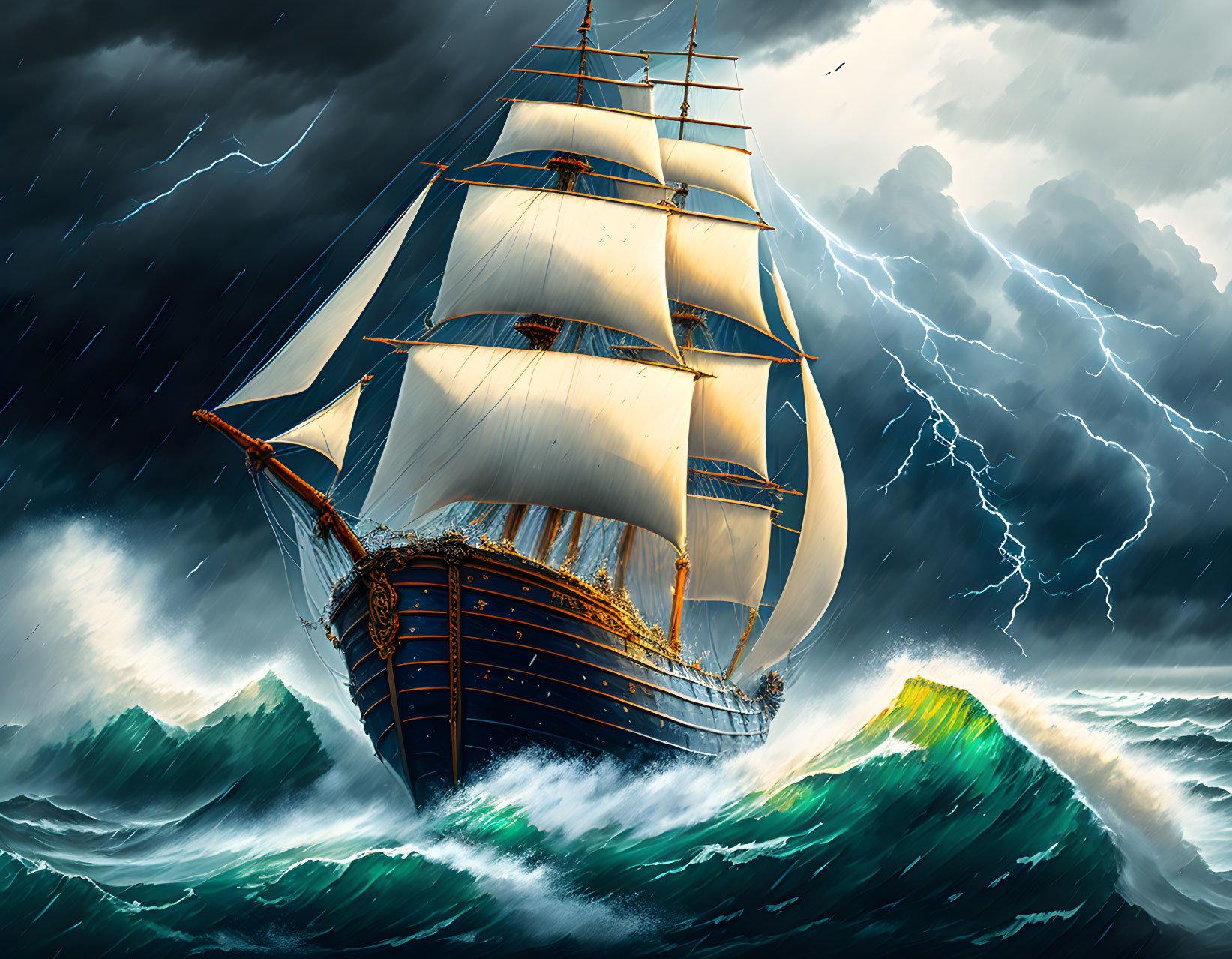 Sailing ship in turbulent seas during thunderstorm