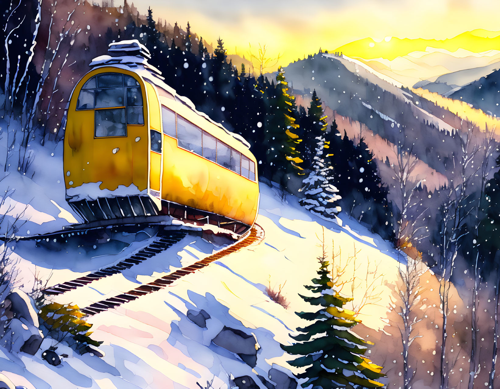 Yellow train in snowy landscape under sunset sky