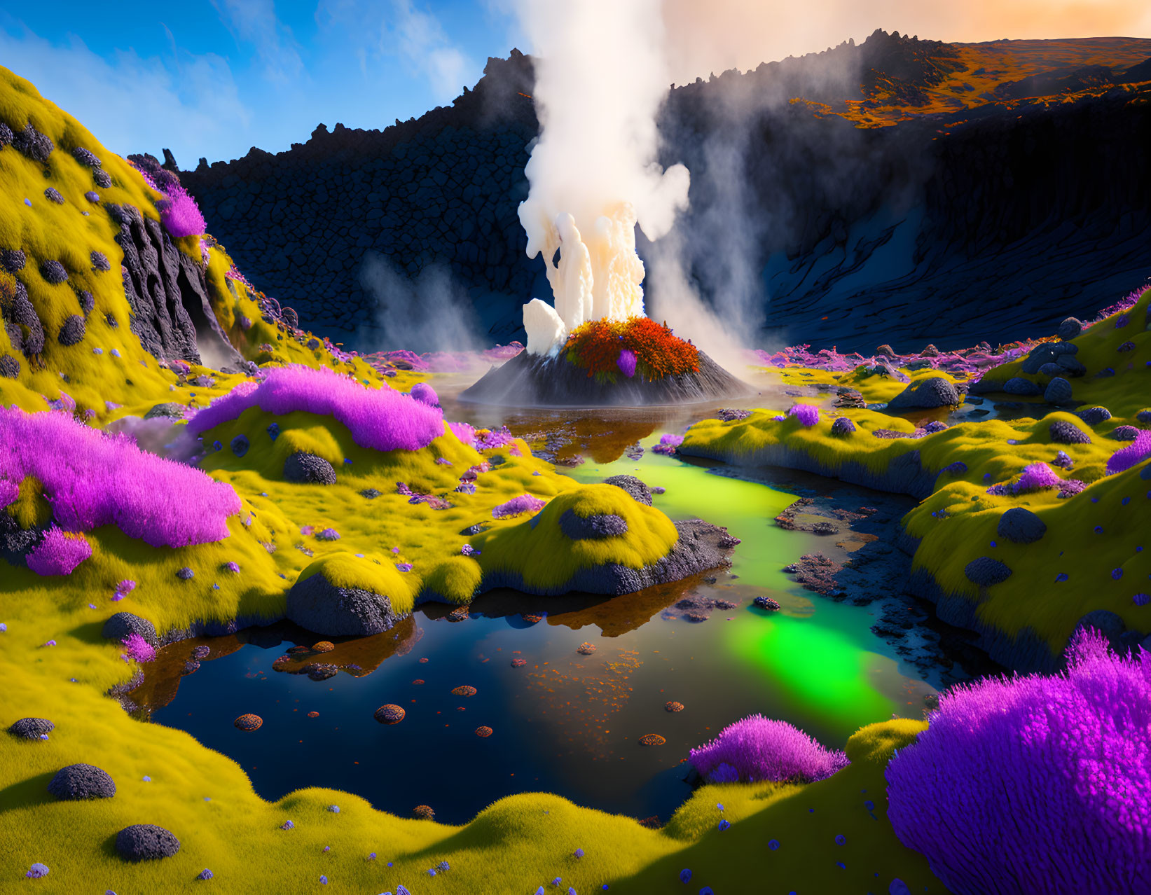 Colorful sci-fi landscape with orange geothermal vent, river, purple foliage, blue sky