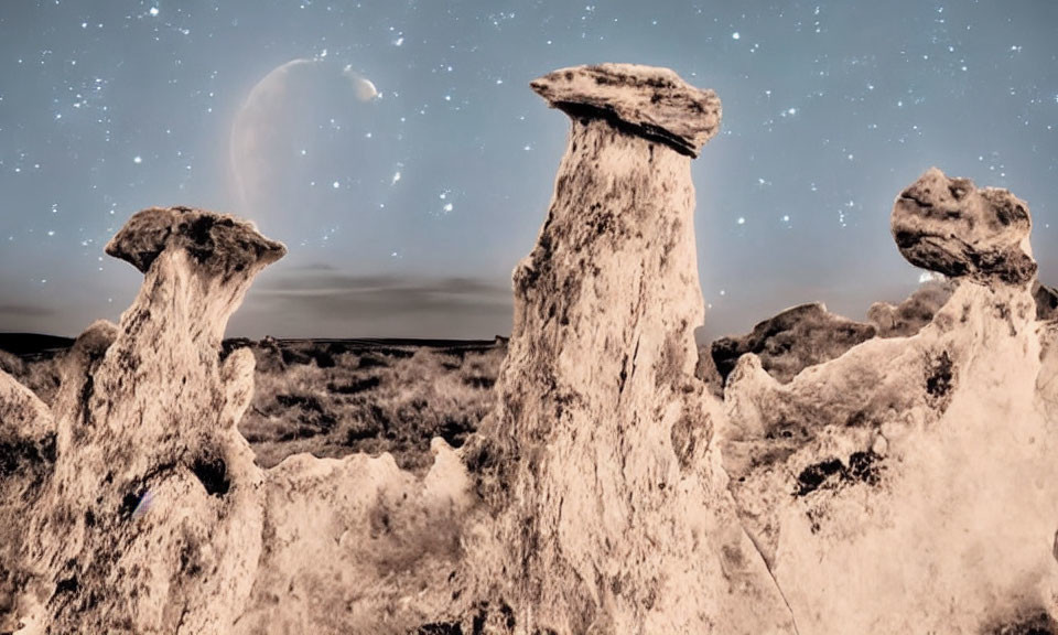 Unique Rock Formations Under Starry Night Sky with Crescent Moon