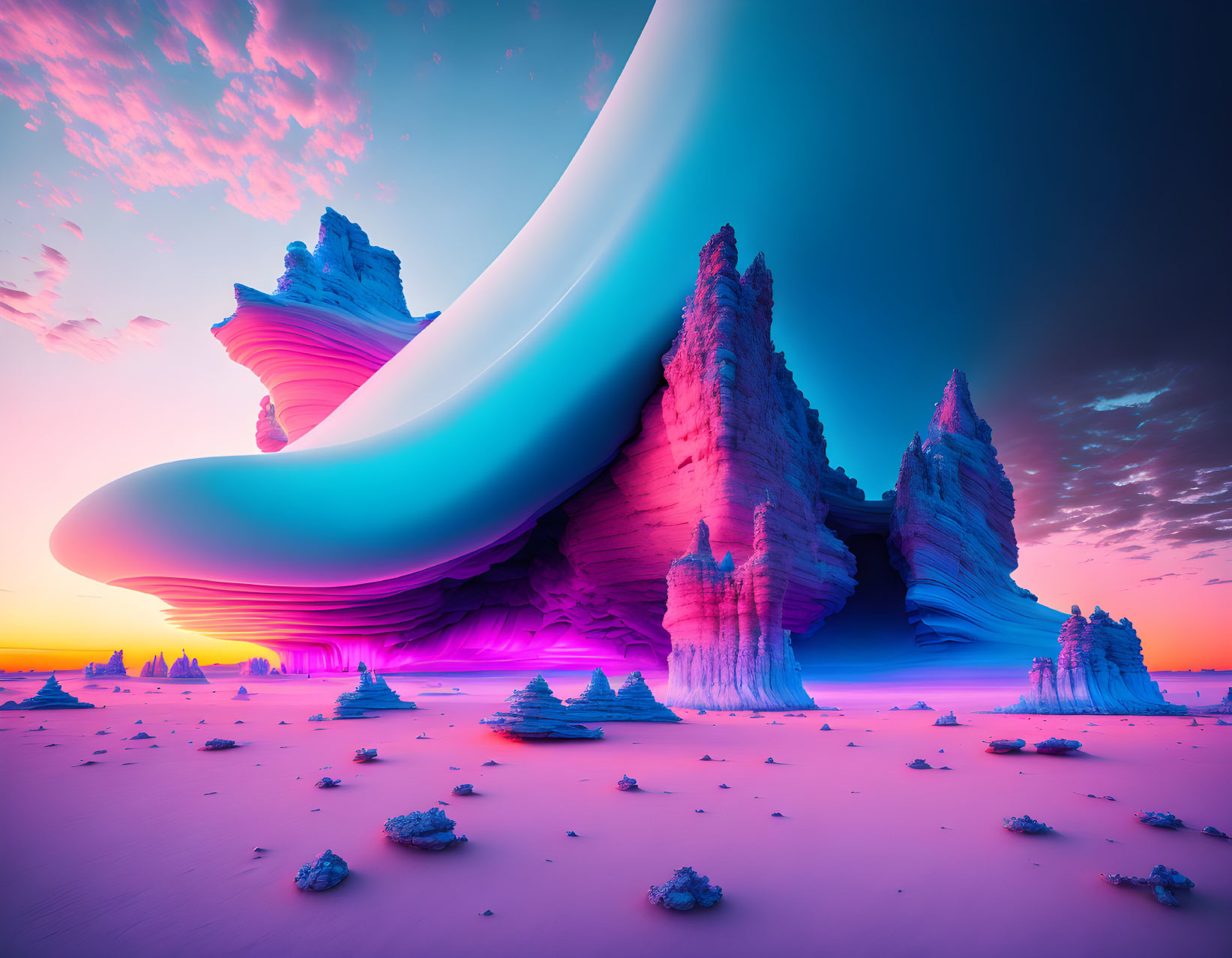 Surreal landscape with towering rock formations and wave-like structure