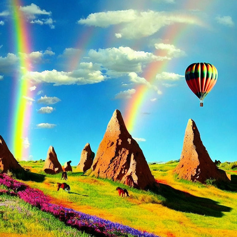 Scenic landscape with double rainbows, hot air balloon, horses, rocks, and flowers