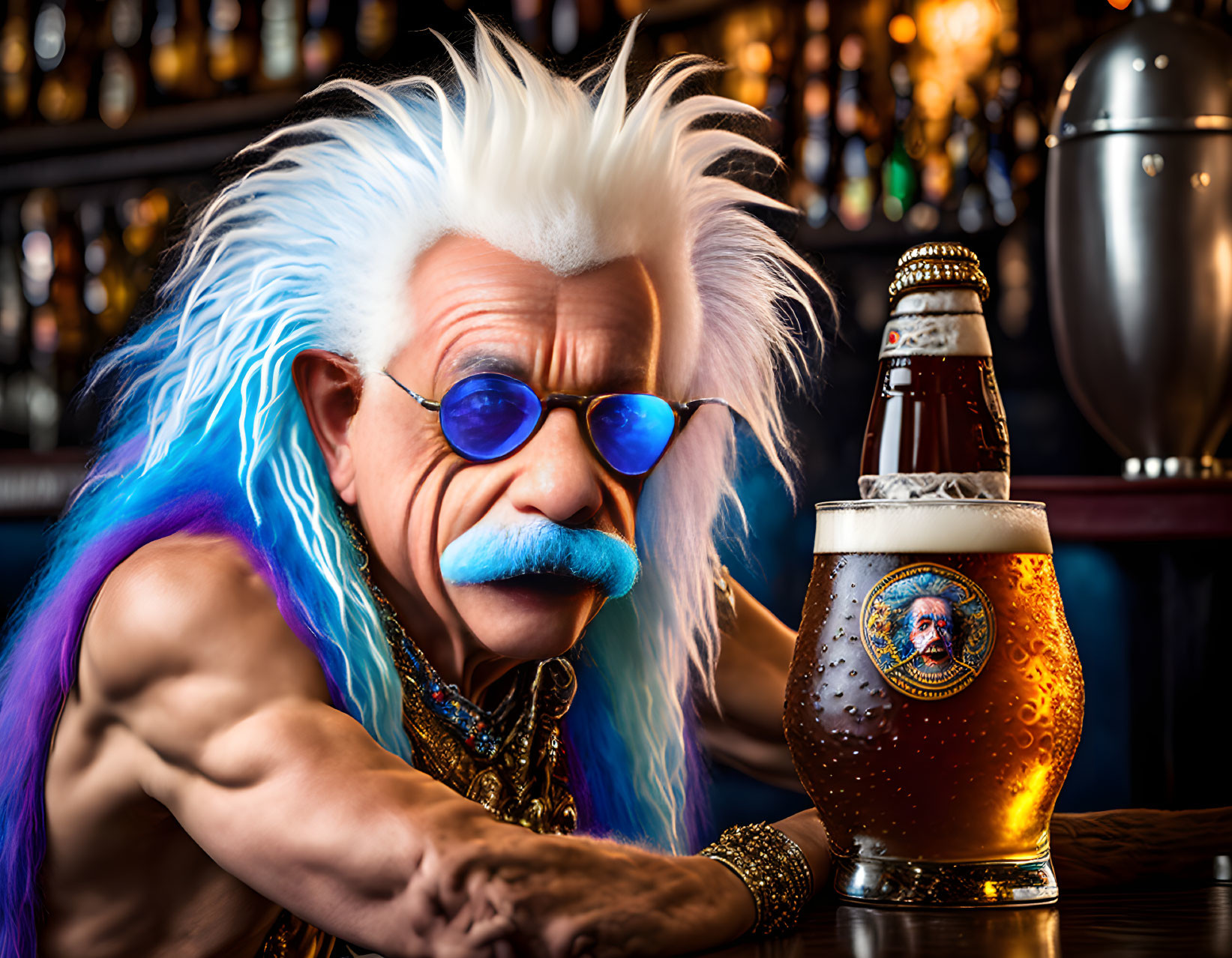 Spiked white and blue hair character with mustache and sunglasses at a bar next to beer with matching