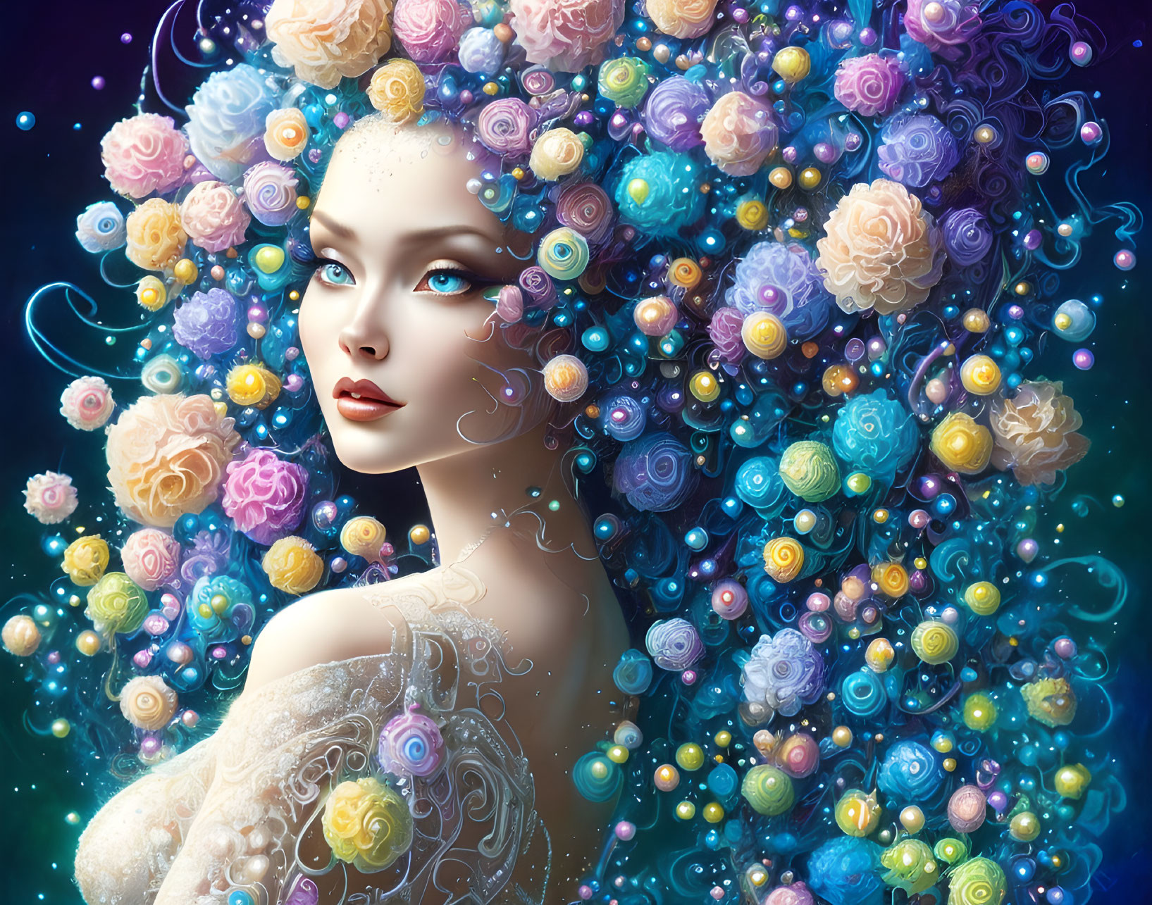 Woman with Blue Eyes Surrounded by Colorful Flowers and Bubbles on Dark Background