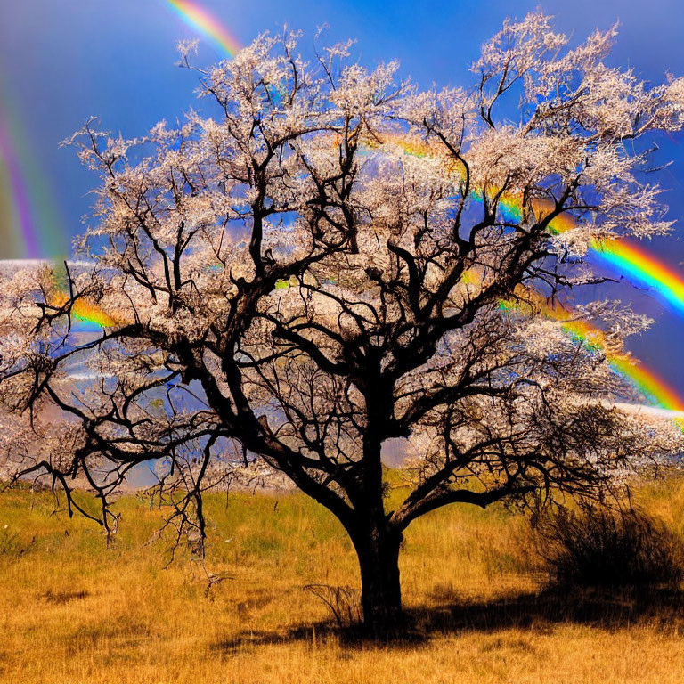 Blossoming tree with white flowers and double rainbow against blue sky