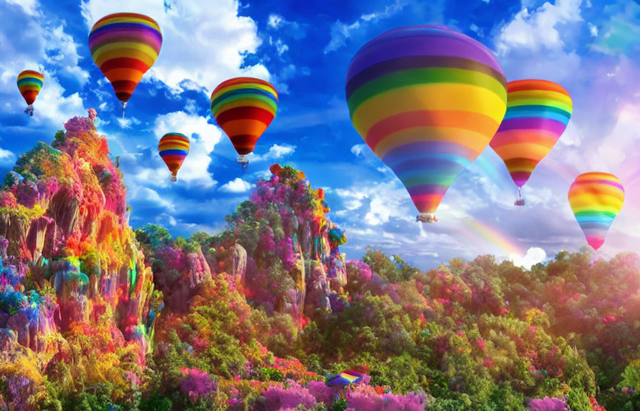 Vibrant hot air balloons over rainbow landscape