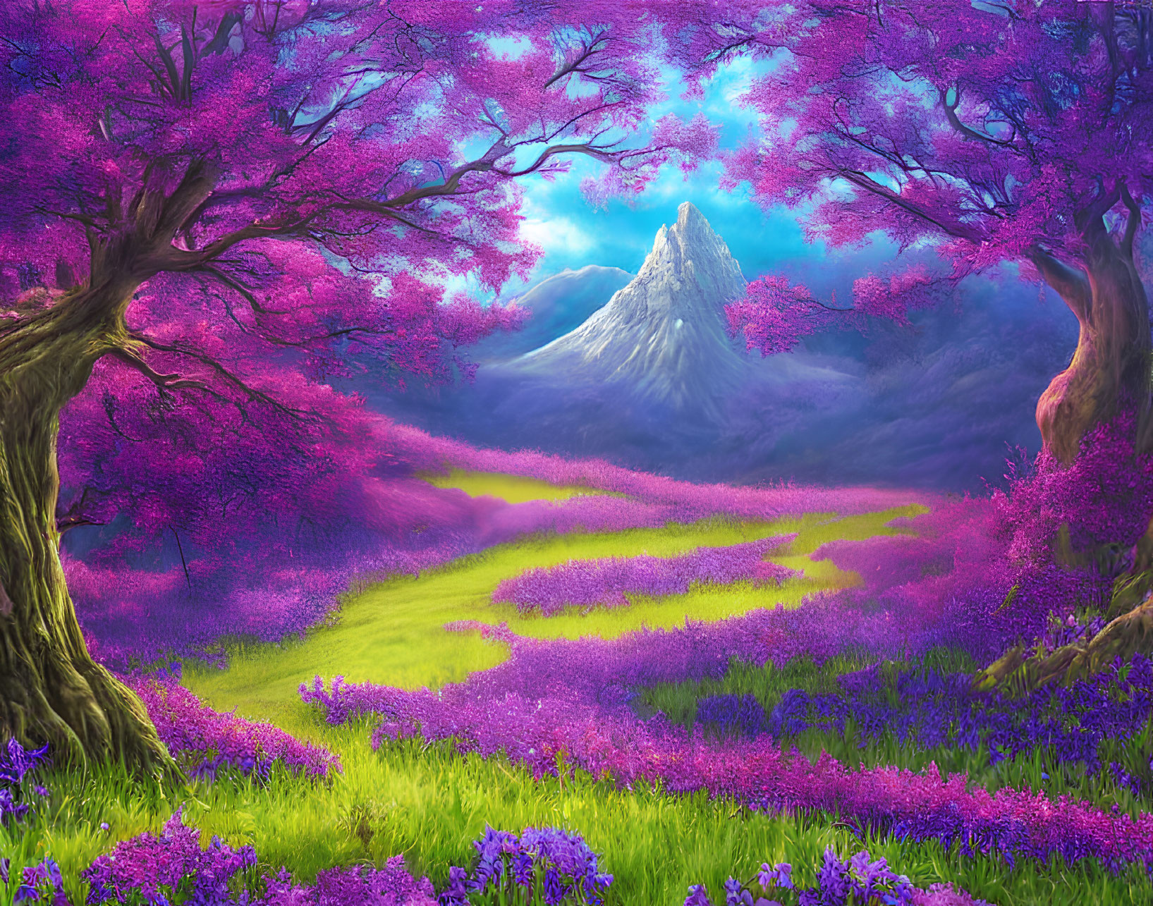 Colorful landscape with magenta trees, green meadow, and snow-capped mountain