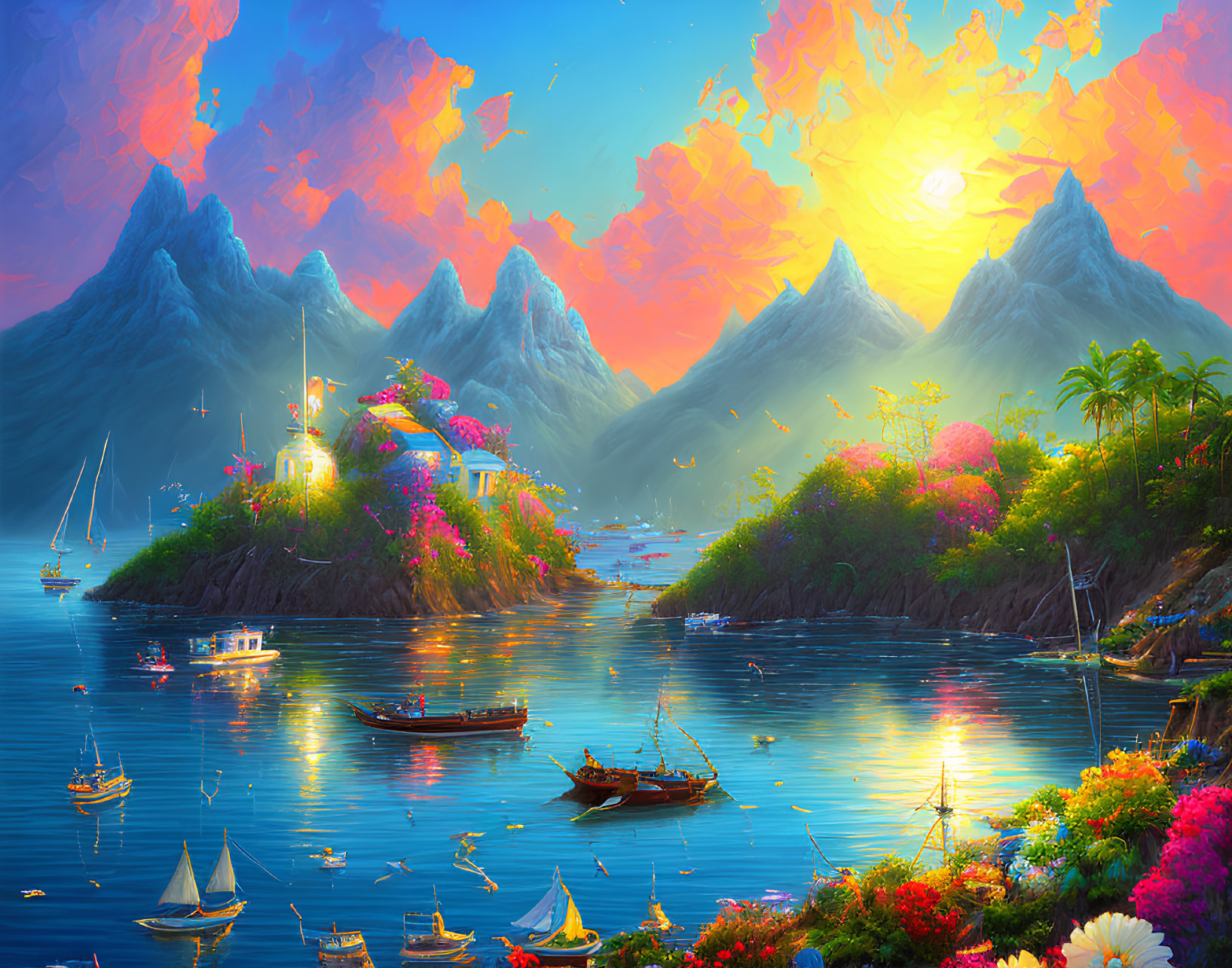 Colorful seascape with boats, island blooms, and misty mountains at sunset