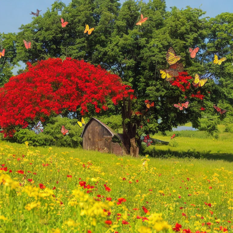 Colorful meadow with yellow flowers, butterflies, red-flowered tree, wooden shack, blue sky