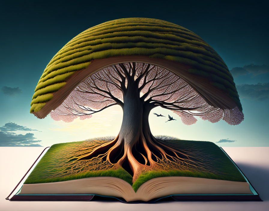 Surreal tree with canopy on open book, birds flying at dusk