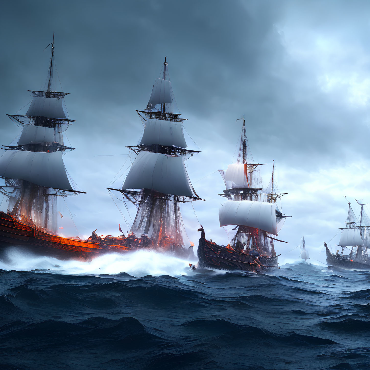 Naval battle scene: sailing ships in stormy sea, one ablaze