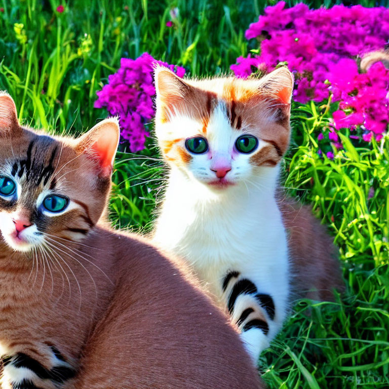 Two Cats with Striking Blue Eyes Among Colorful Flowers in Sunny Garden