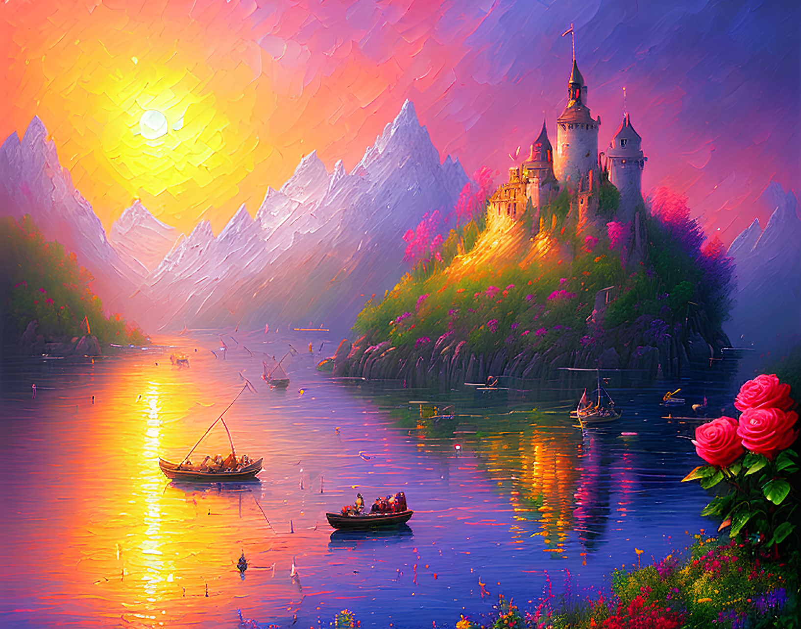 Fairytale castle painting with snowy mountains, lake, and roses