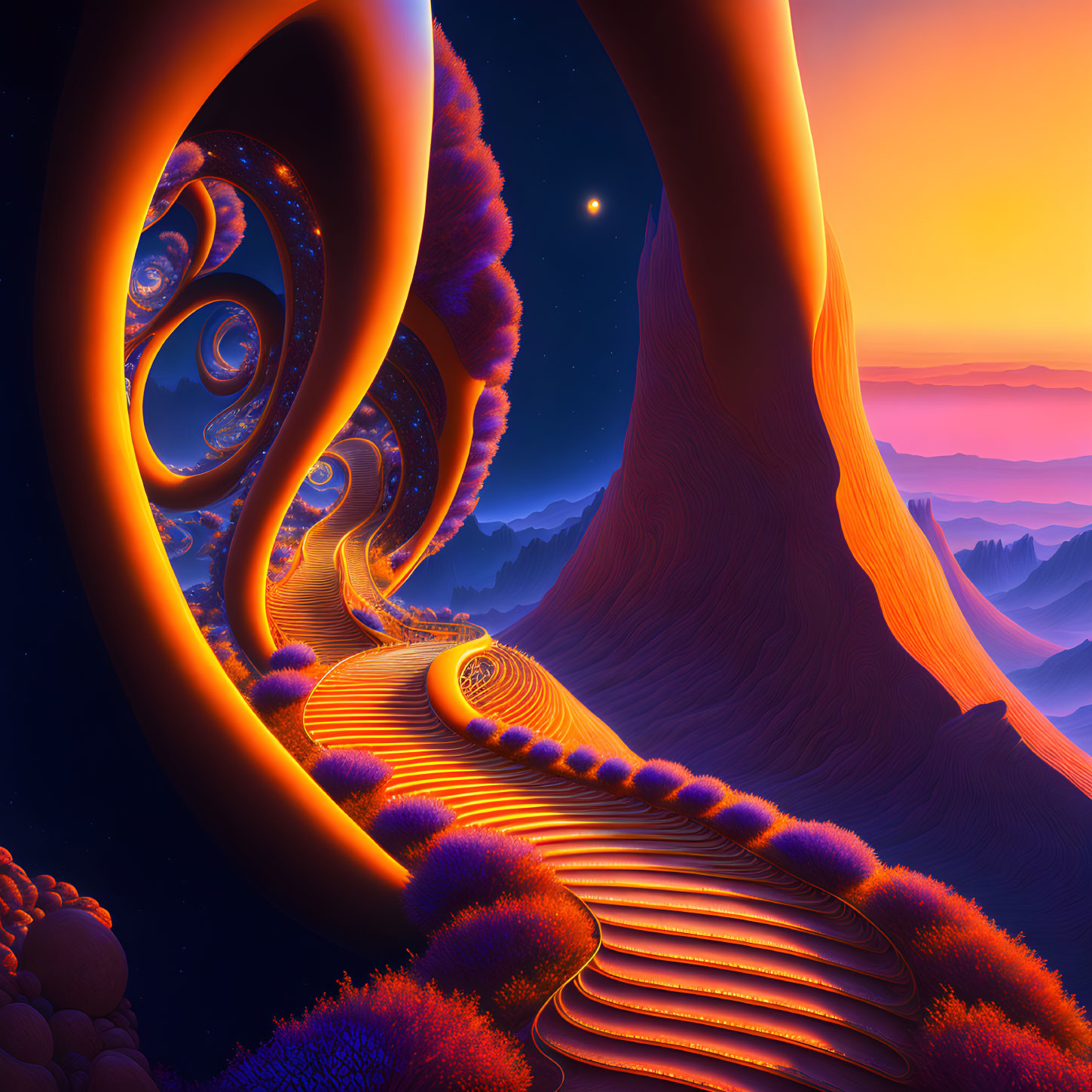 Surreal landscape with winding staircase at dusk