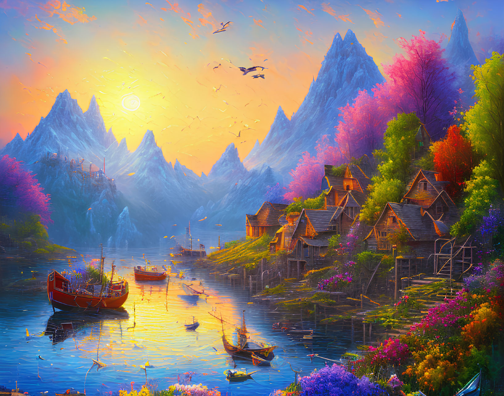 Colorful sunset painting of lakeside village with mountains & birds