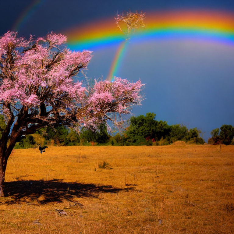 Colorful rainbow over pink-flowered tree in golden field under blue sky