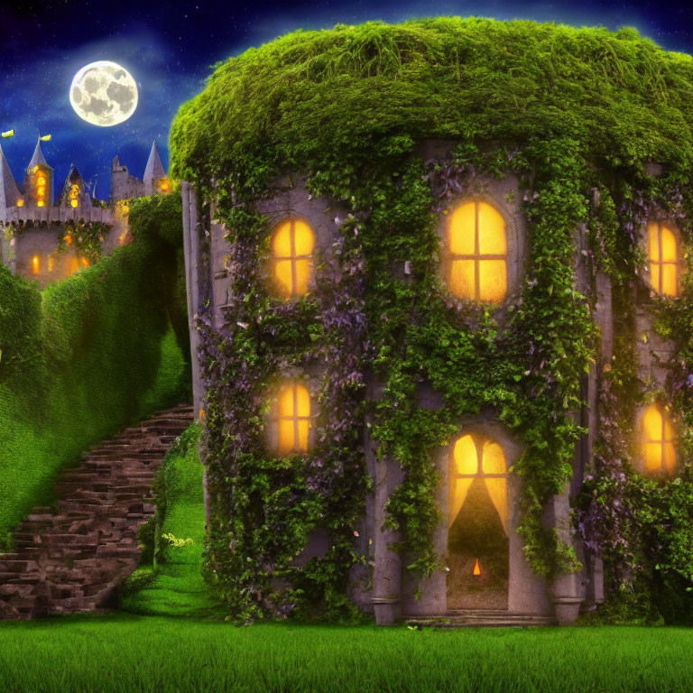 Ivy-covered whimsical house under starry night sky with full moon next to hill castle