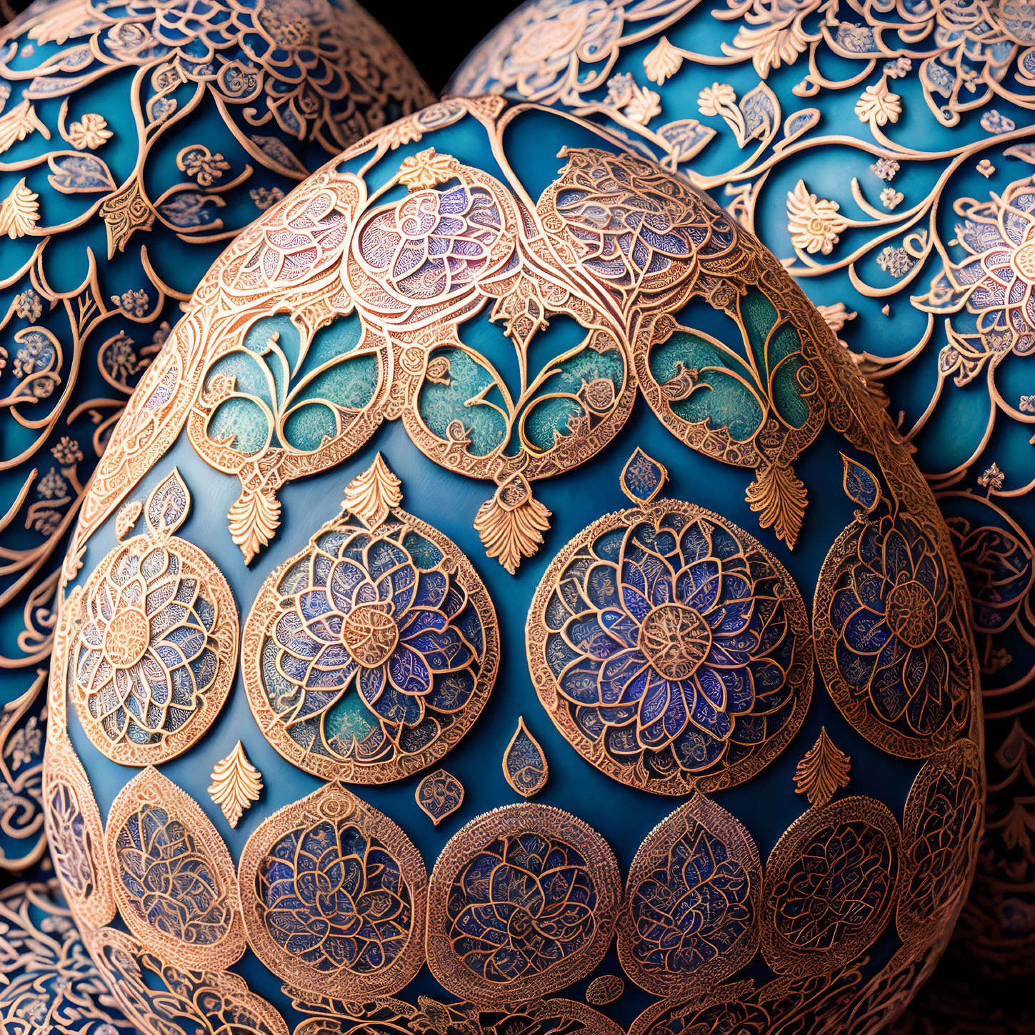 Detailed Blue and Gold Floral Patterns on Decorative Eggs