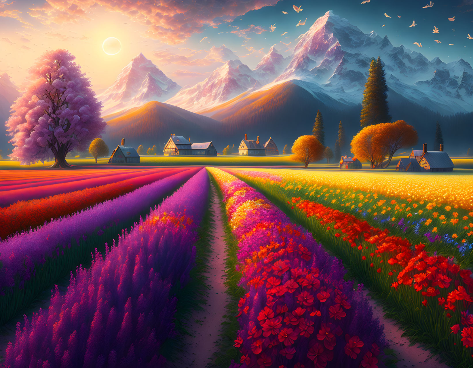 Colorful Flower Rows, Cozy Village, Majestic Mountains: Vibrant Landscape Scene