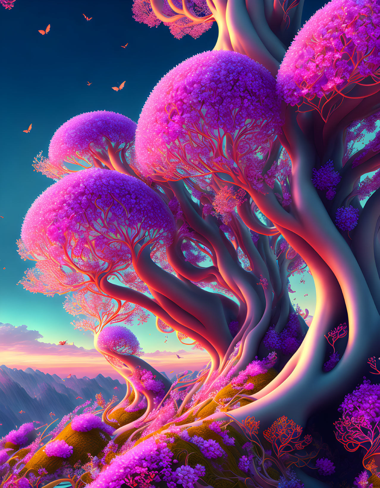 Colorful digital artwork: pink trees, intertwined trunks, sunset backdrop, floating petals.