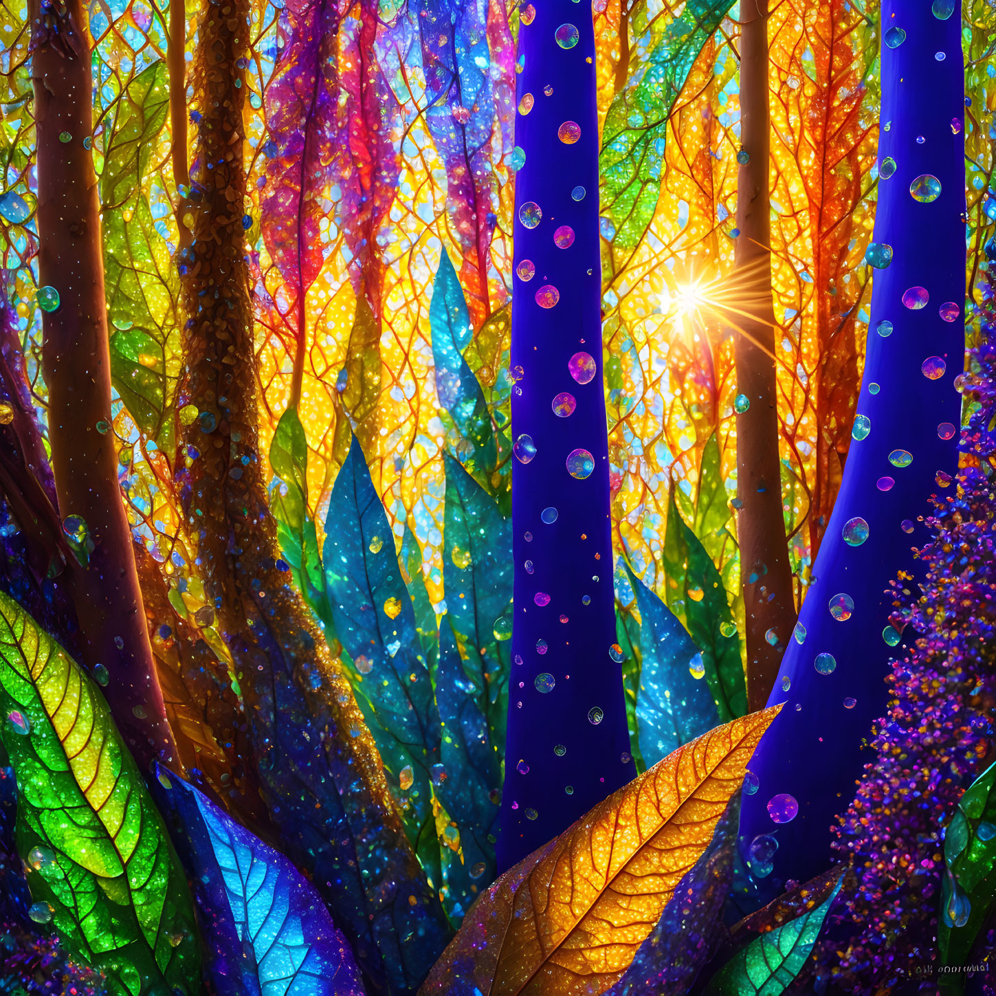 Fantastical forest with multicolored trees and luminescent orbs