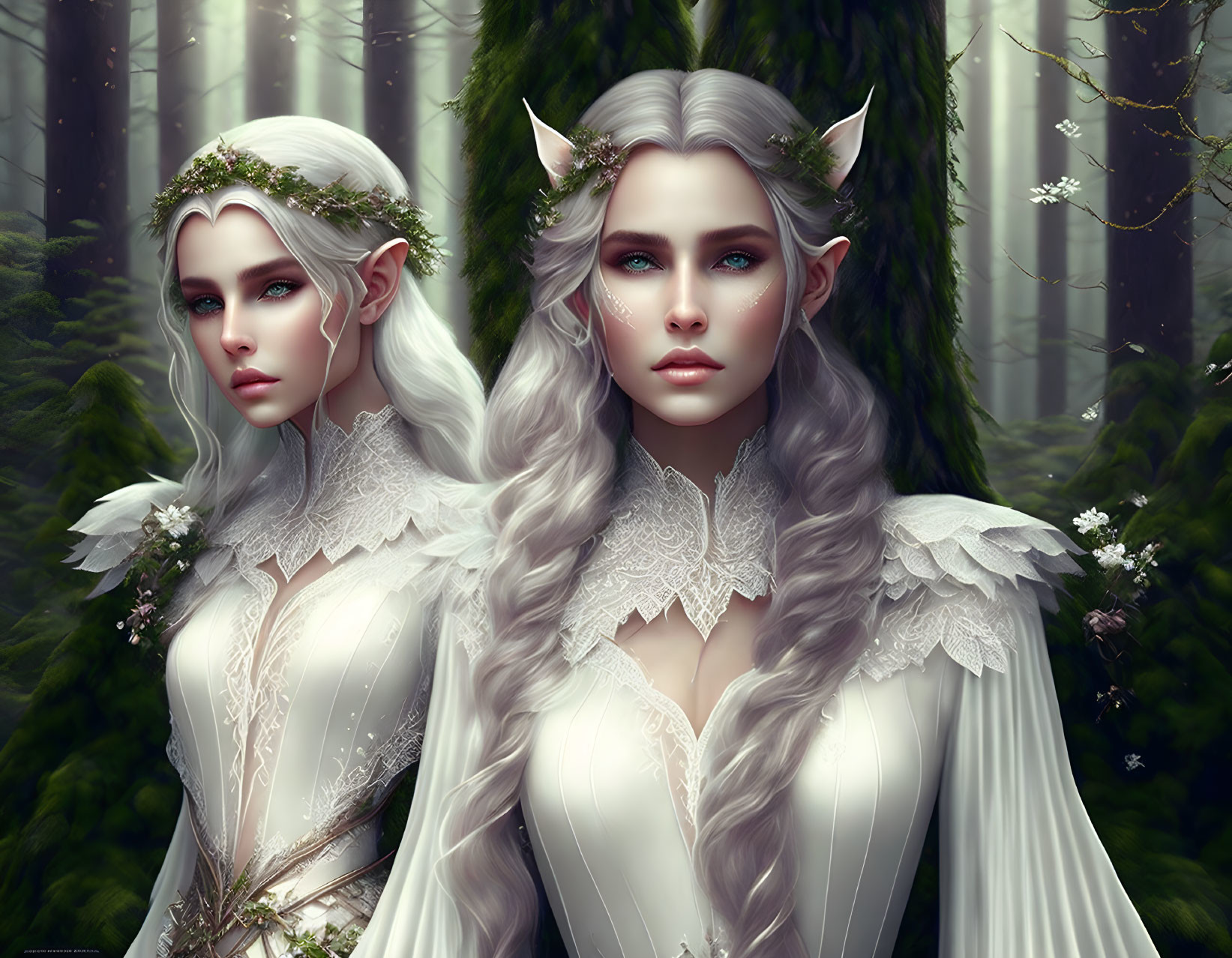 Ethereal elven characters with pointed ears and white hair in misty forest setting