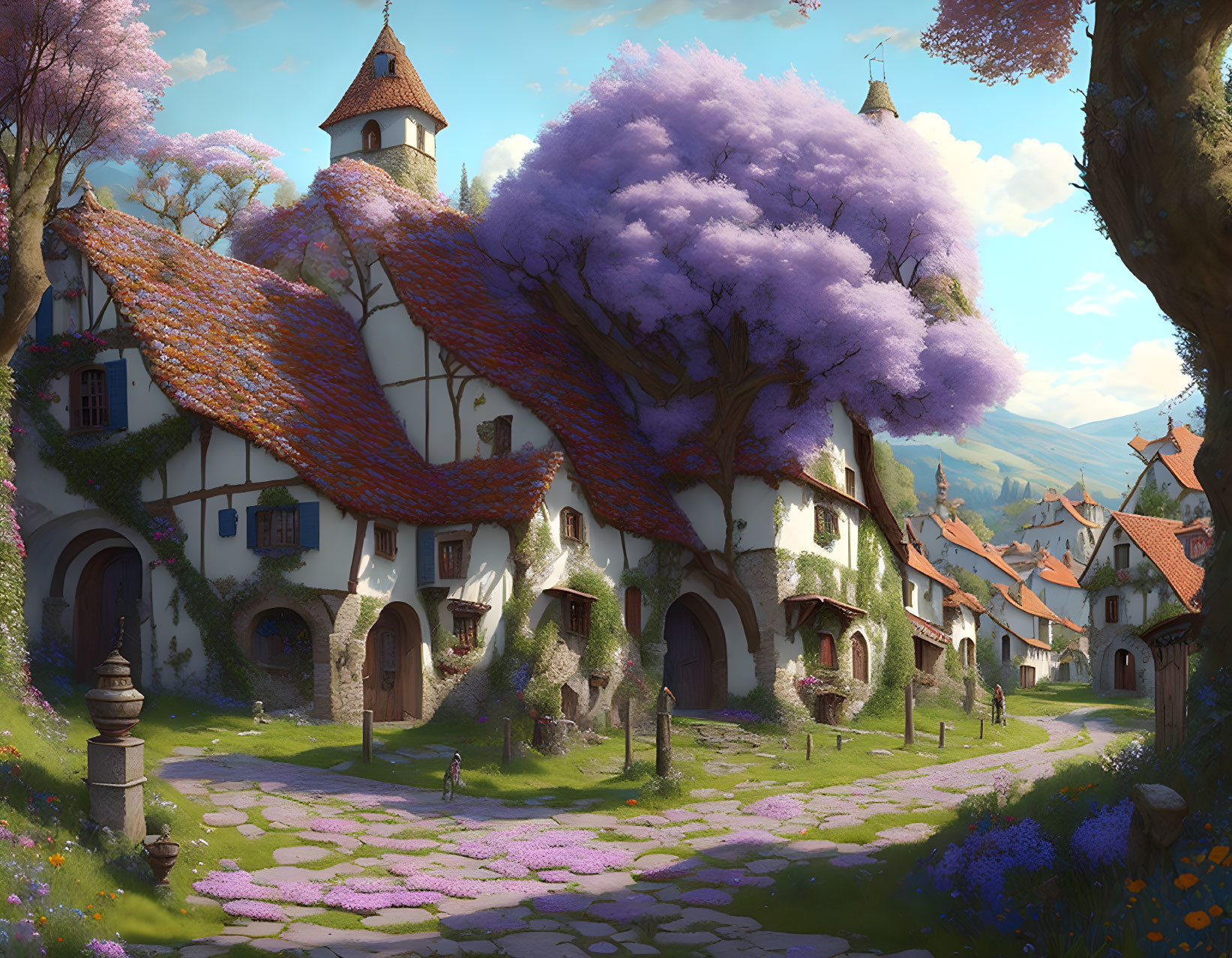 Scenic village with cobblestone paths, thatched roofs, purple trees, and ivy-covered