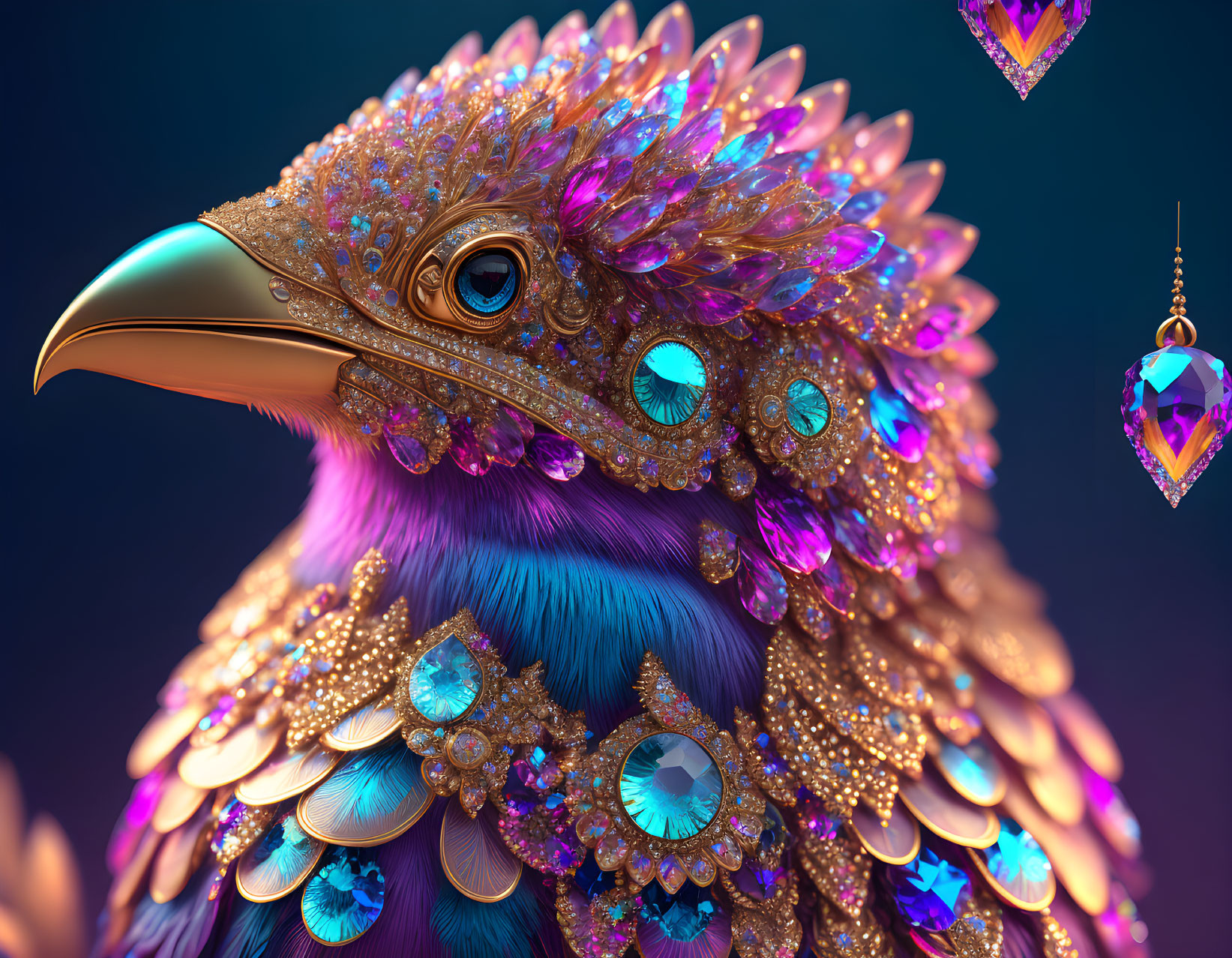 Colorful bird with golden jewels and turquoise gemstones on blue background