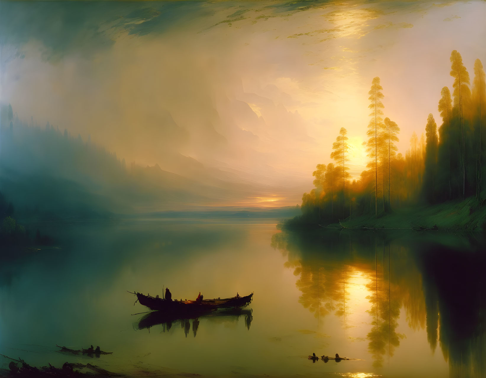 Tranquil sunset landscape with river, misty forests, and small boat