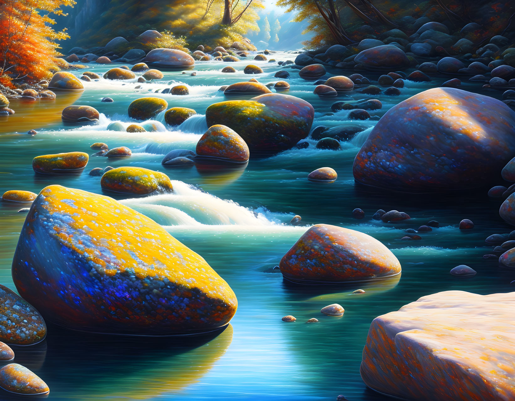 Tranquil forest river with sunlight on colorful rocks