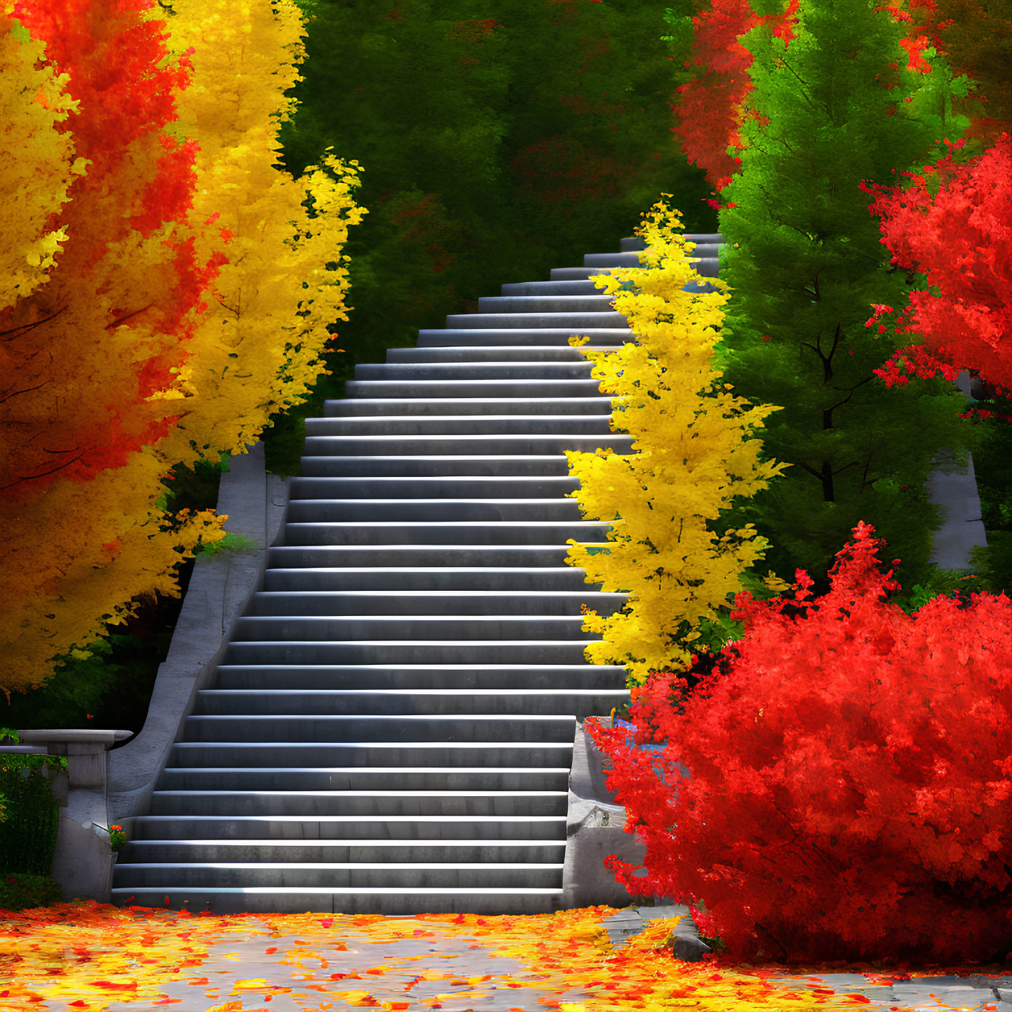 Colorful autumn staircase surrounded by vibrant trees and fallen leaves