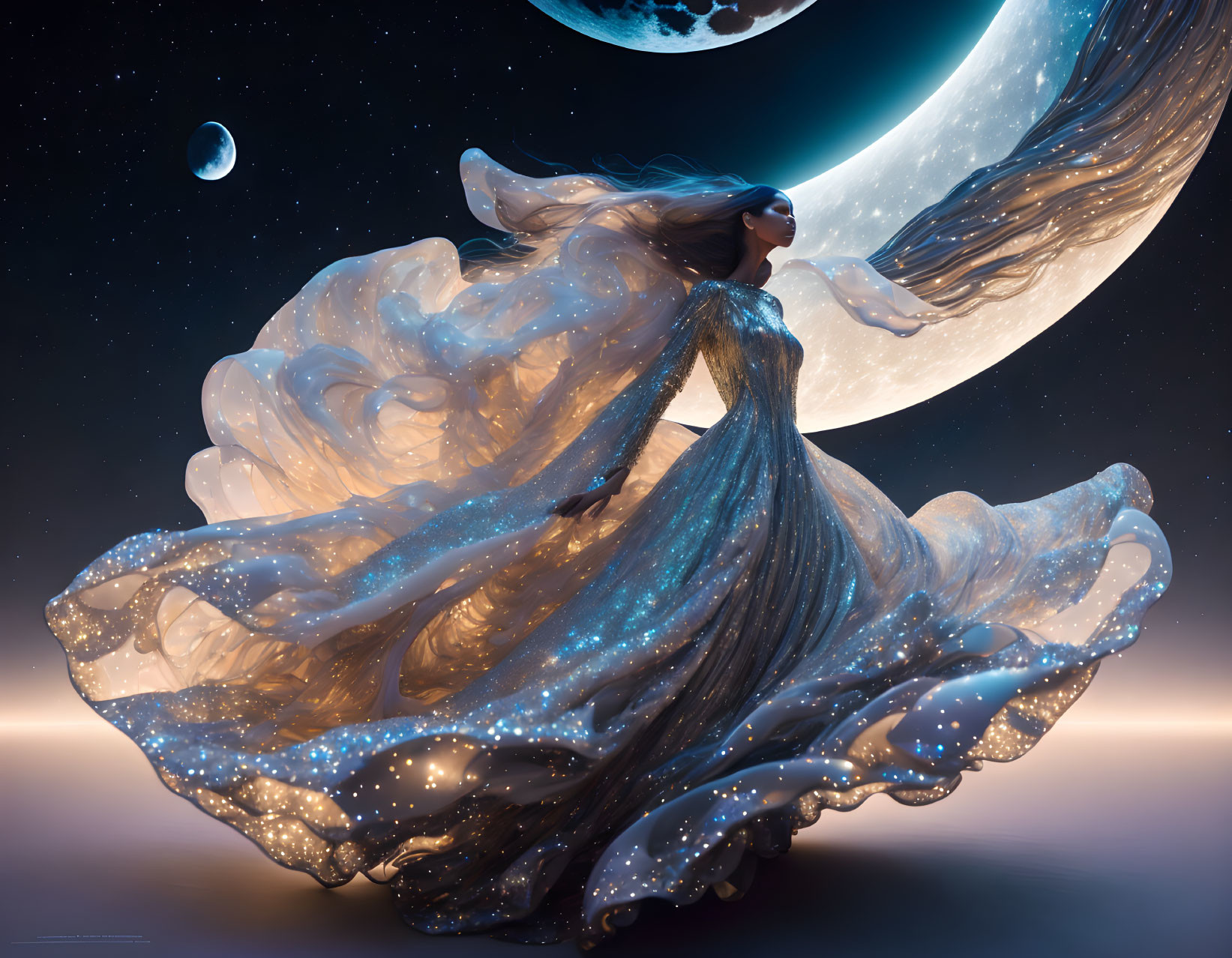 Ethereal figure in sparkling gown twirls under crescent moon and stars